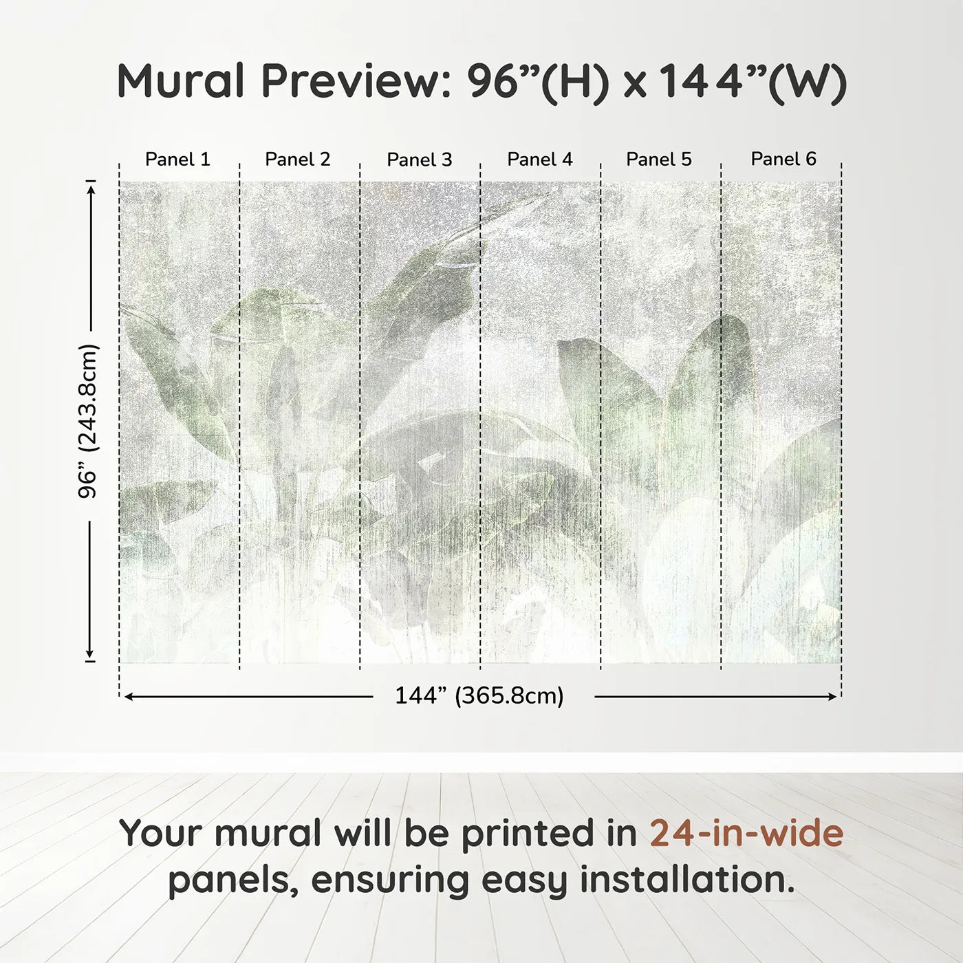 Whimsy Tots Faded Tropical Leaves Wall Muraldimension view (96" H x 144" W). Printed in six 24-inch-wide panels. Gender-Neutral