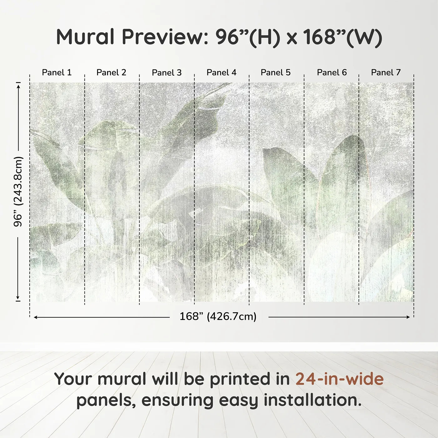 Whimsy Tots Faded Tropical Leaves Wall Muraldimension view (96" H x 168" W). Printed in seven 24-inch-wide panels. Gender-Neutral