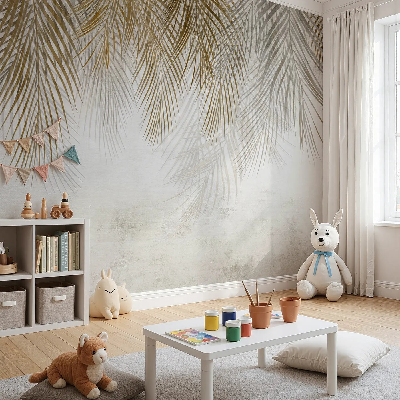Angled view of Whimsy Tots' Golden Palm Canopy Wall Mural (Turn Their Room into a Chic and Sunny Hideaway).Gender-Neutral