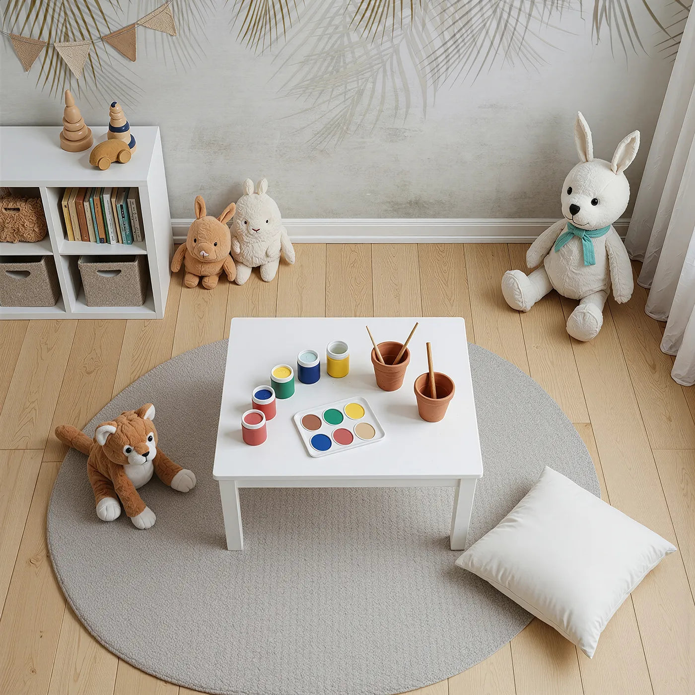 Top-down view of Whimsy Tots' Golden Palm Canopy Wall Mural (Turn Their Room into a Chic and Sunny Hideaway).Gender-Neutral