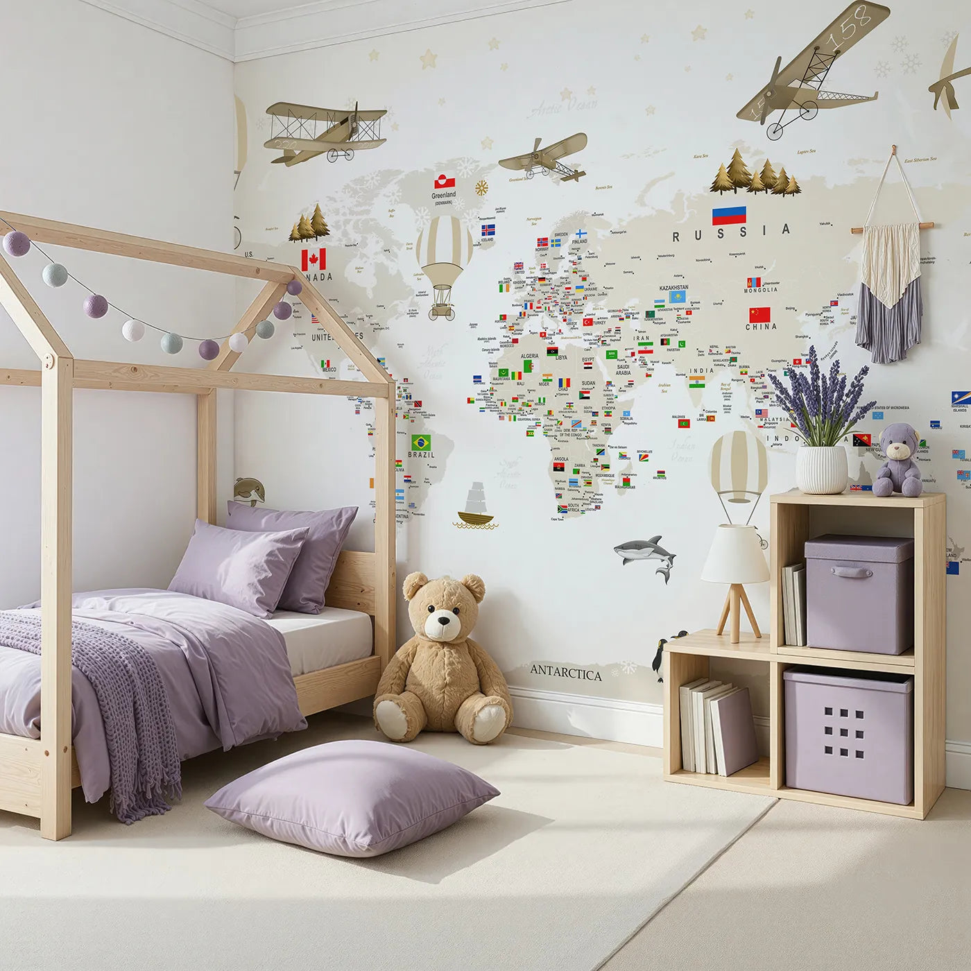 Angled view of Whimsy Tots' Vintage World Explorer Map Wall Mural (Turn Their Room into a Grand, Old-World Adventure).Gender-Neutral