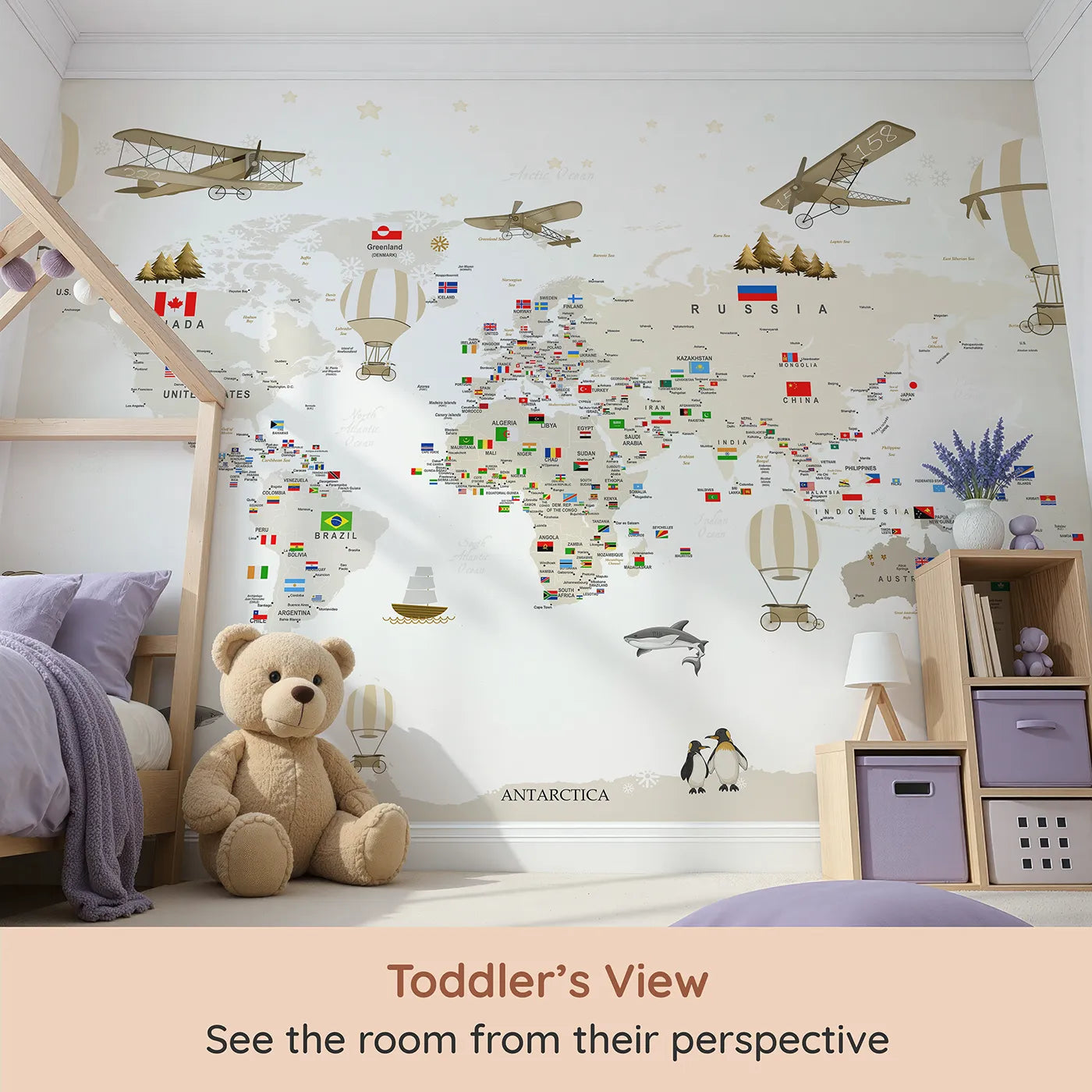 Whimsy Tots Vintage World Explorer Map Wall Mural (Turn Their Room into a Grand, Old-World Adventure) from your child's view.Gender-Neutral