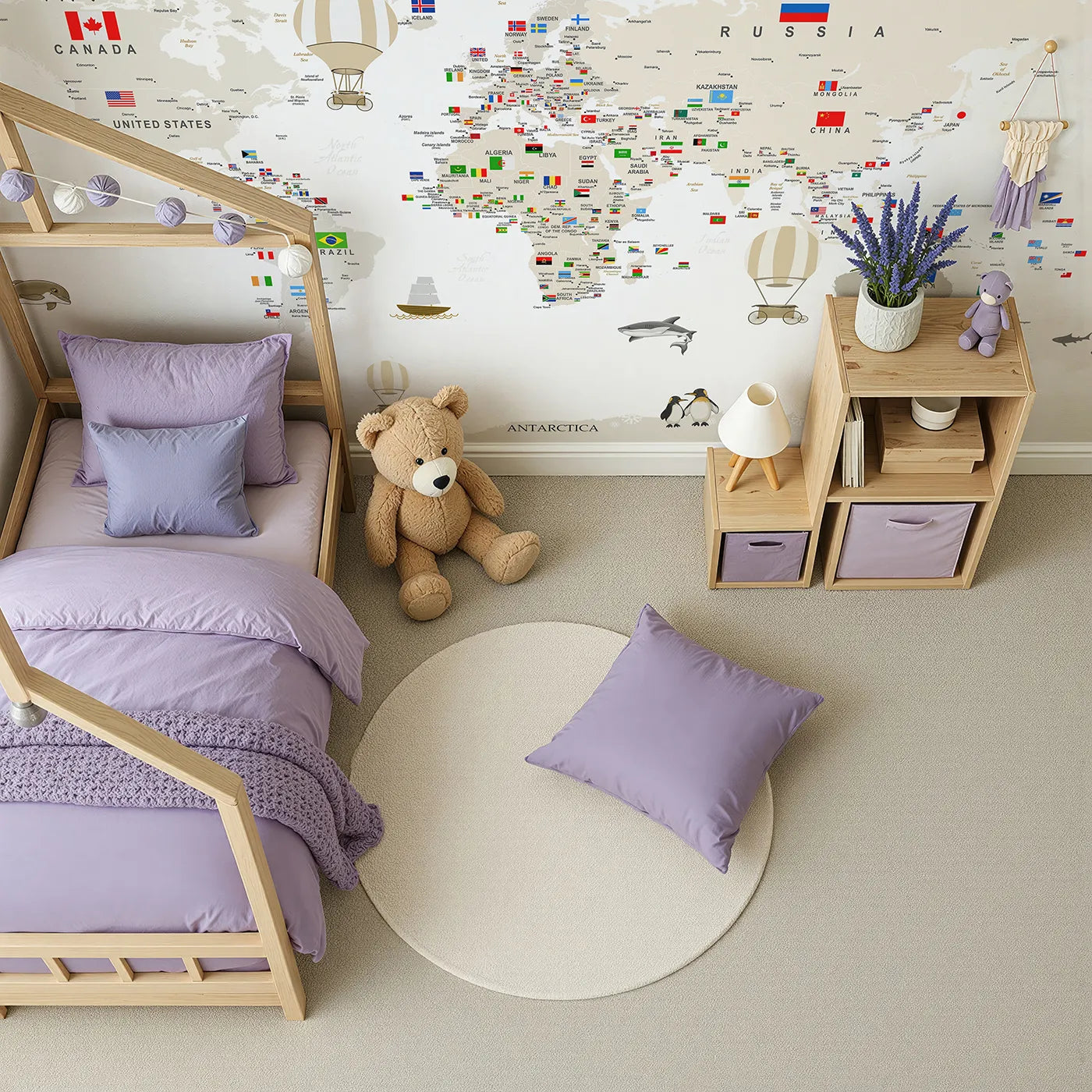 Top-down view of Whimsy Tots' Vintage World Explorer Map Wall Mural (Turn Their Room into a Grand, Old-World Adventure).Gender-Neutral