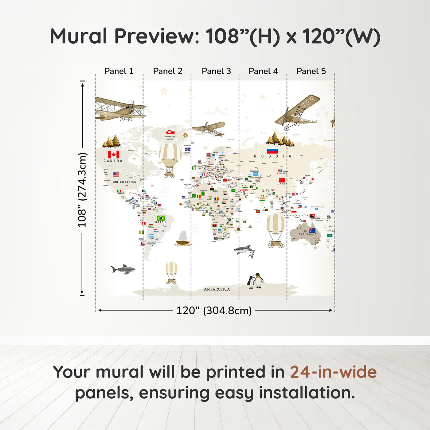 Whimsy Tots Vintage World Explorer Map Wall Muraldimension view (108" H x 120" W). Printed in five 24-inch-wide panels. Gender-Neutral