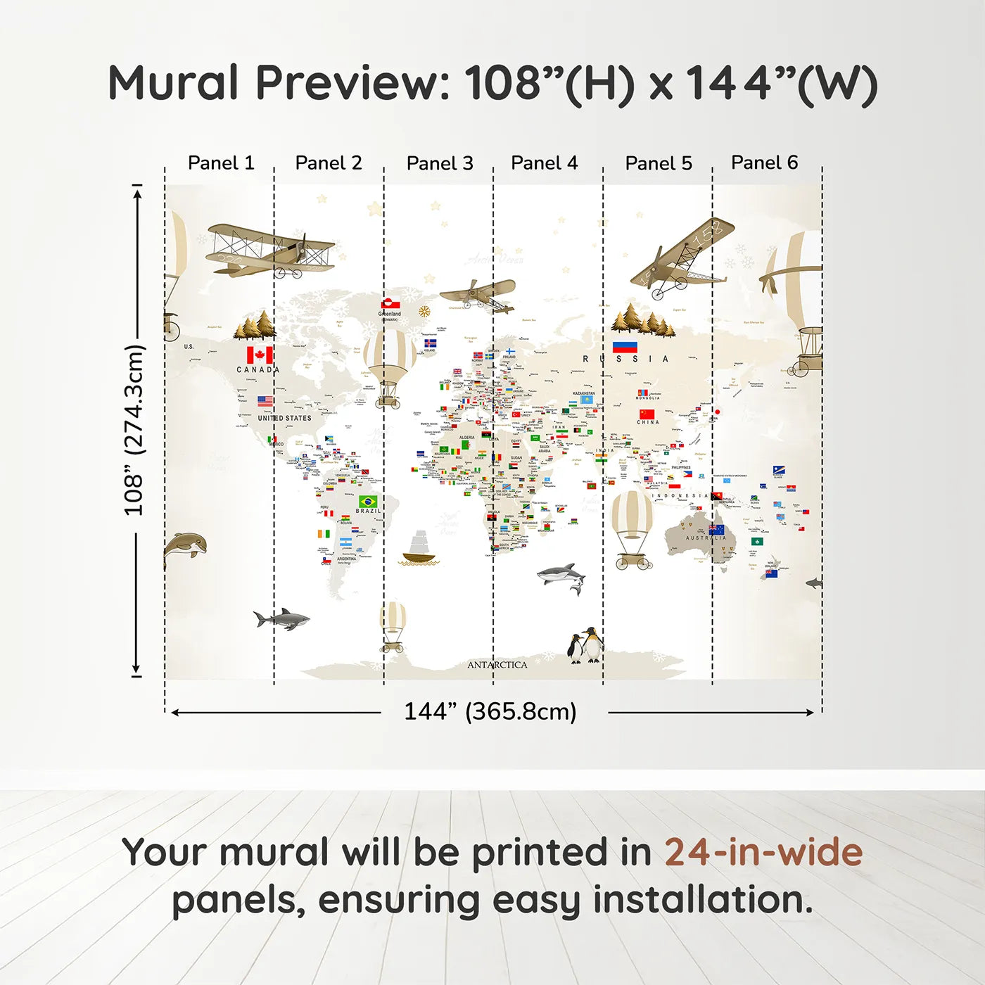 Whimsy Tots Vintage World Explorer Map Wall Muraldimension view (108" H x 144" W). Printed in six 24-inch-wide panels. Gender-Neutral