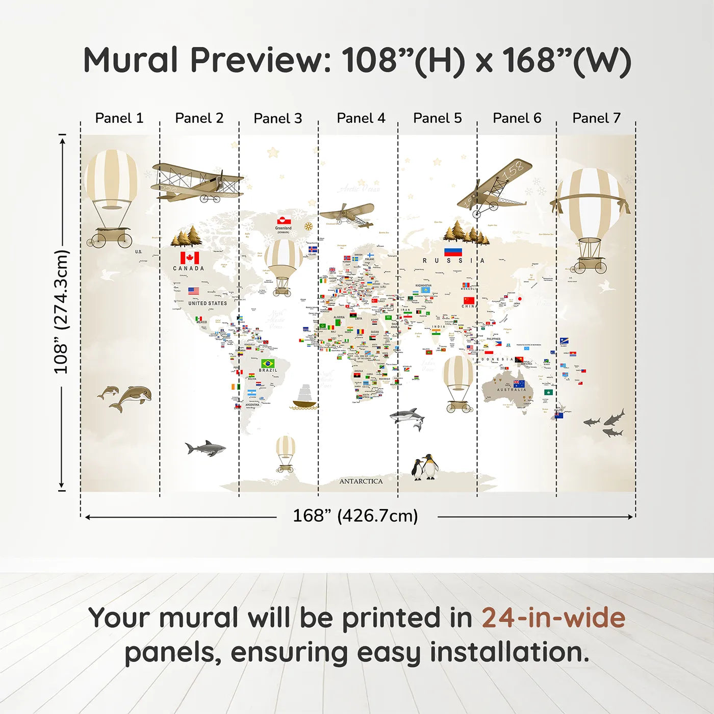Whimsy Tots Vintage World Explorer Map Wall Muraldimension view (108" H x 168" W). Printed in seven 24-inch-wide panels. Gender-Neutral