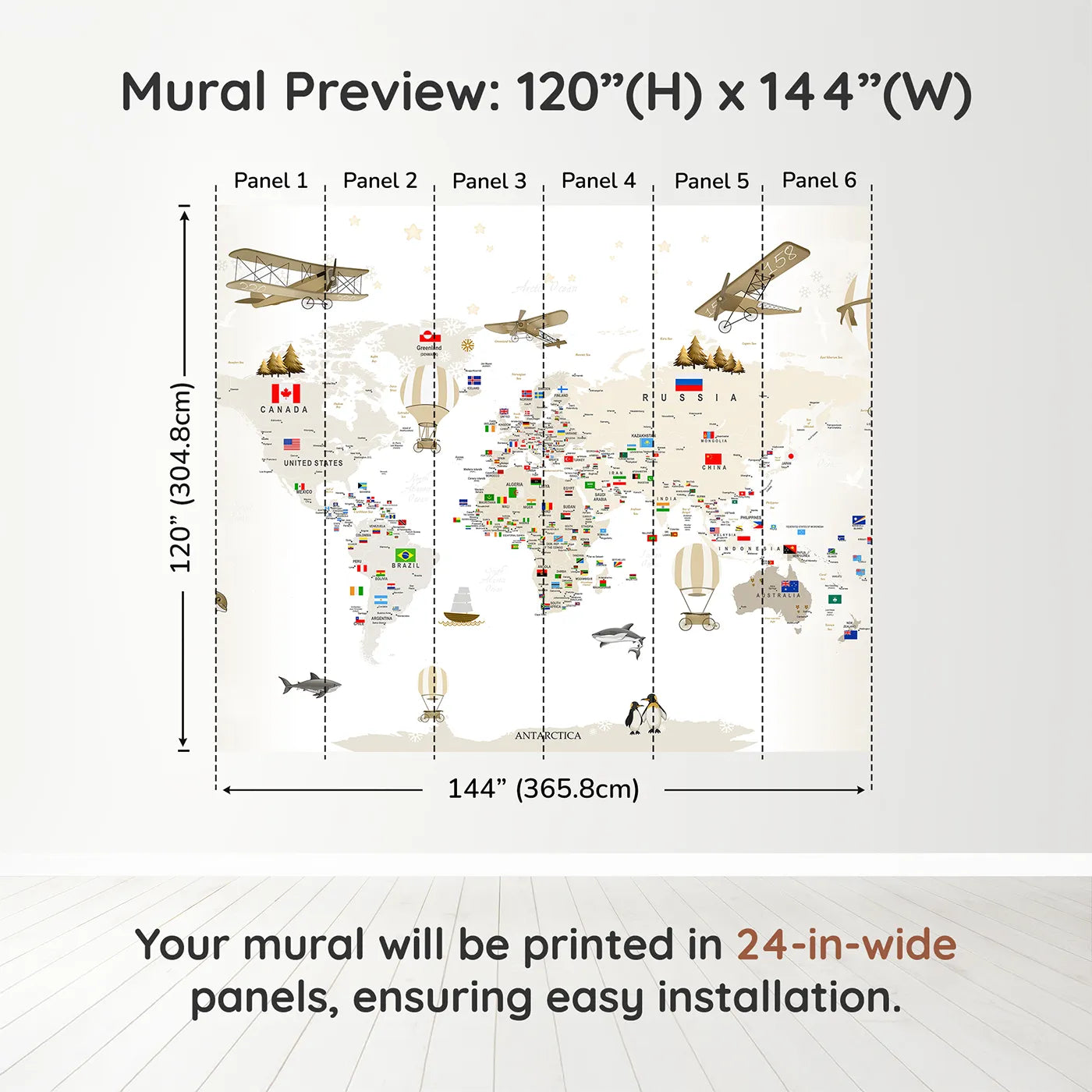 Whimsy Tots Vintage World Explorer Map Wall Muraldimension view (120" H x 144" W). Printed in six 24-inch-wide panels. Gender-Neutral