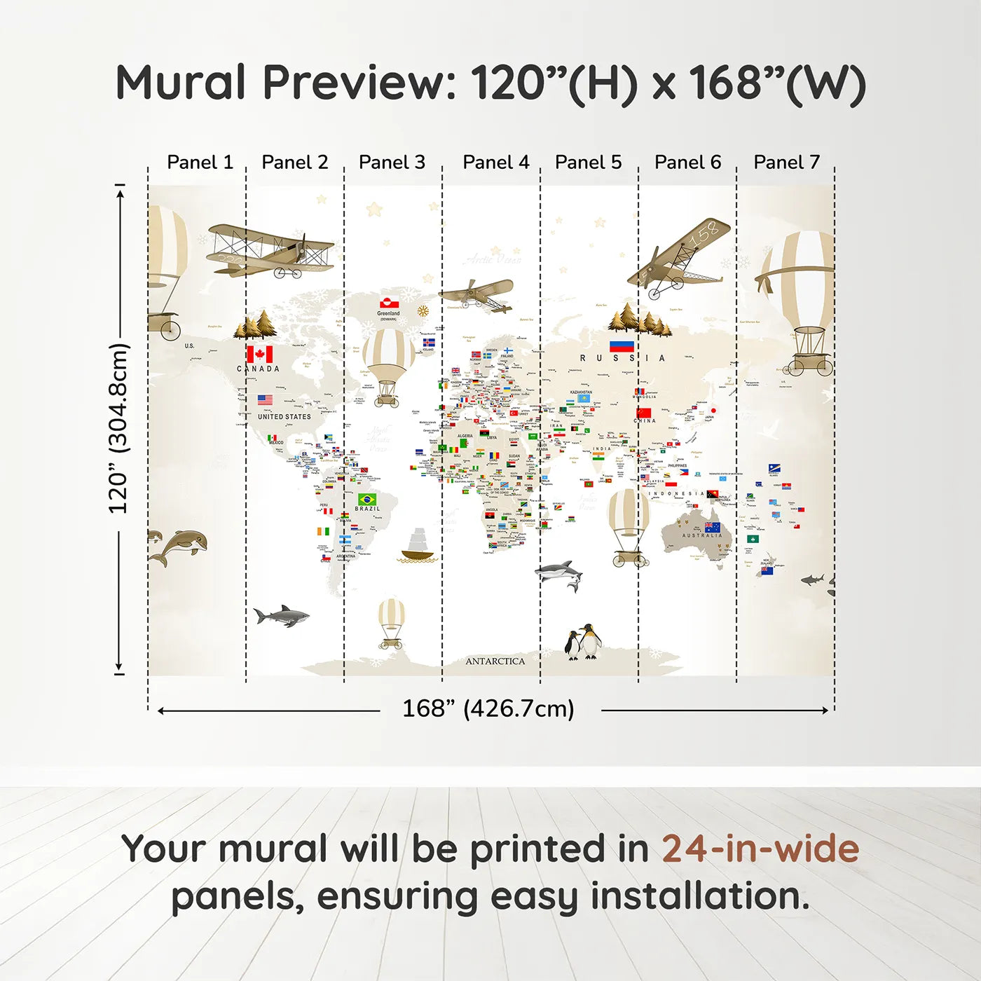 Whimsy Tots Vintage World Explorer Map Wall Muraldimension view (120" H x 168" W). Printed in seven 24-inch-wide panels. Gender-Neutral