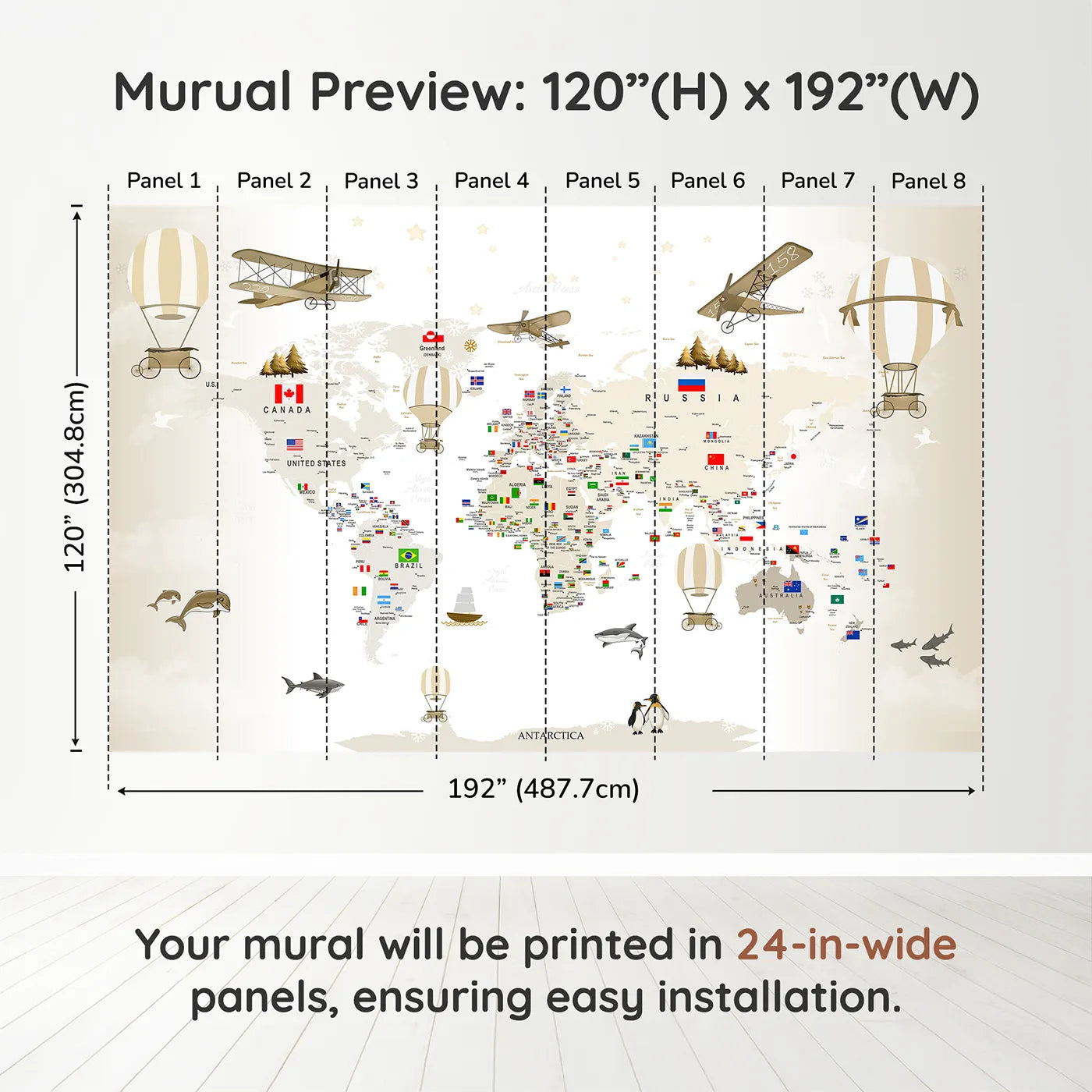 Whimsy Tots Vintage World Explorer Map Wall Muraldimension view (120" H x 192" W). Printed in eight 24-inch-wide panels. Gender-Neutral