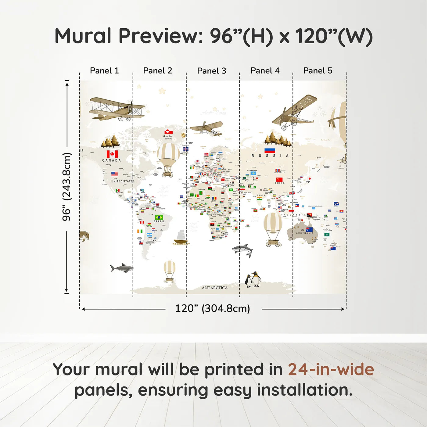 Whimsy Tots Vintage World Explorer Map Wall Muraldimension view (96" H x 120" W). Printed in five 24-inch-wide panels. Gender-Neutral