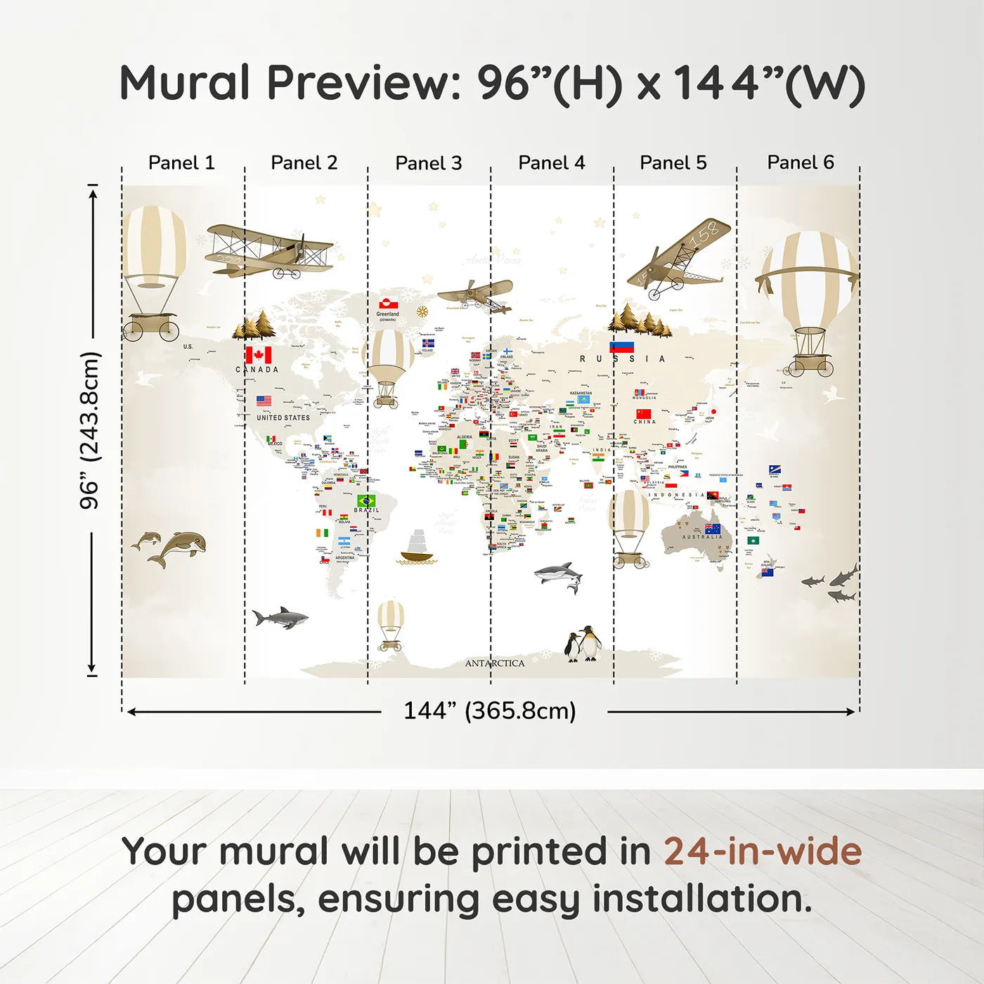 Whimsy Tots Vintage World Explorer Map Wall Muraldimension view (96" H x 144" W). Printed in six 24-inch-wide panels. Gender-Neutral