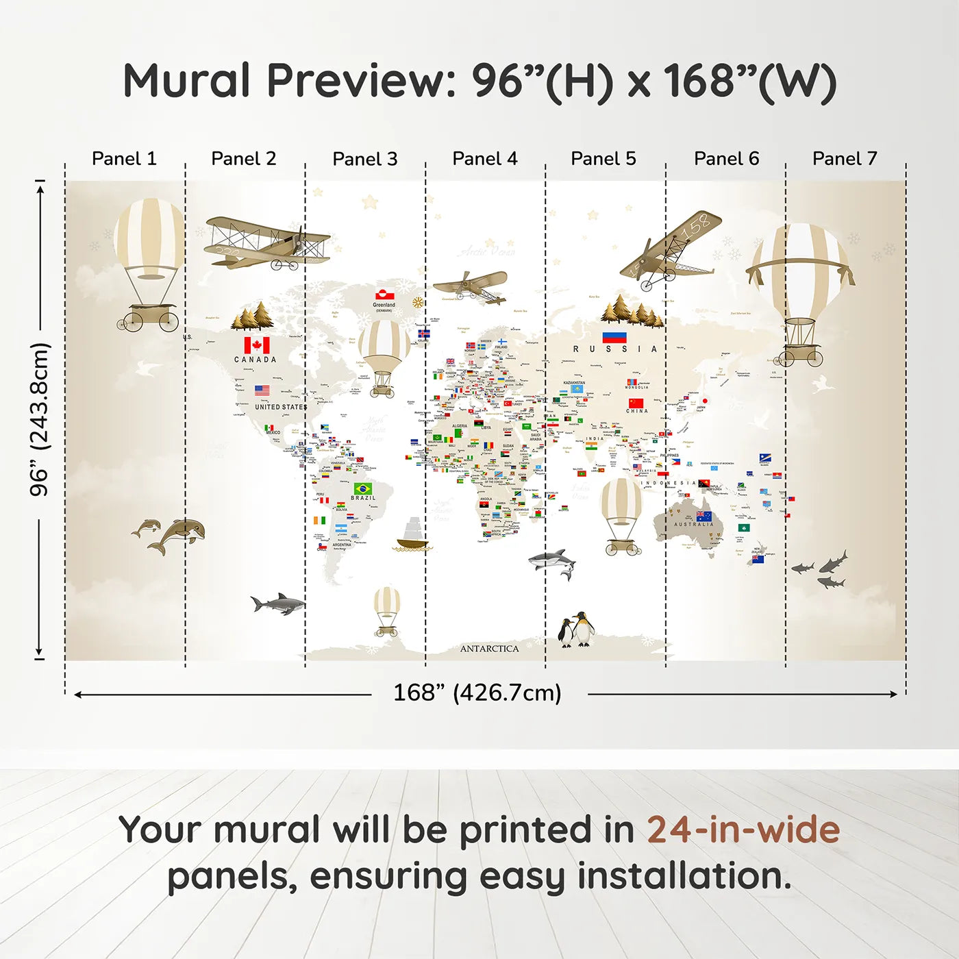 Whimsy Tots Vintage World Explorer Map Wall Muraldimension view (96" H x 168" W). Printed in seven 24-inch-wide panels. Gender-Neutral