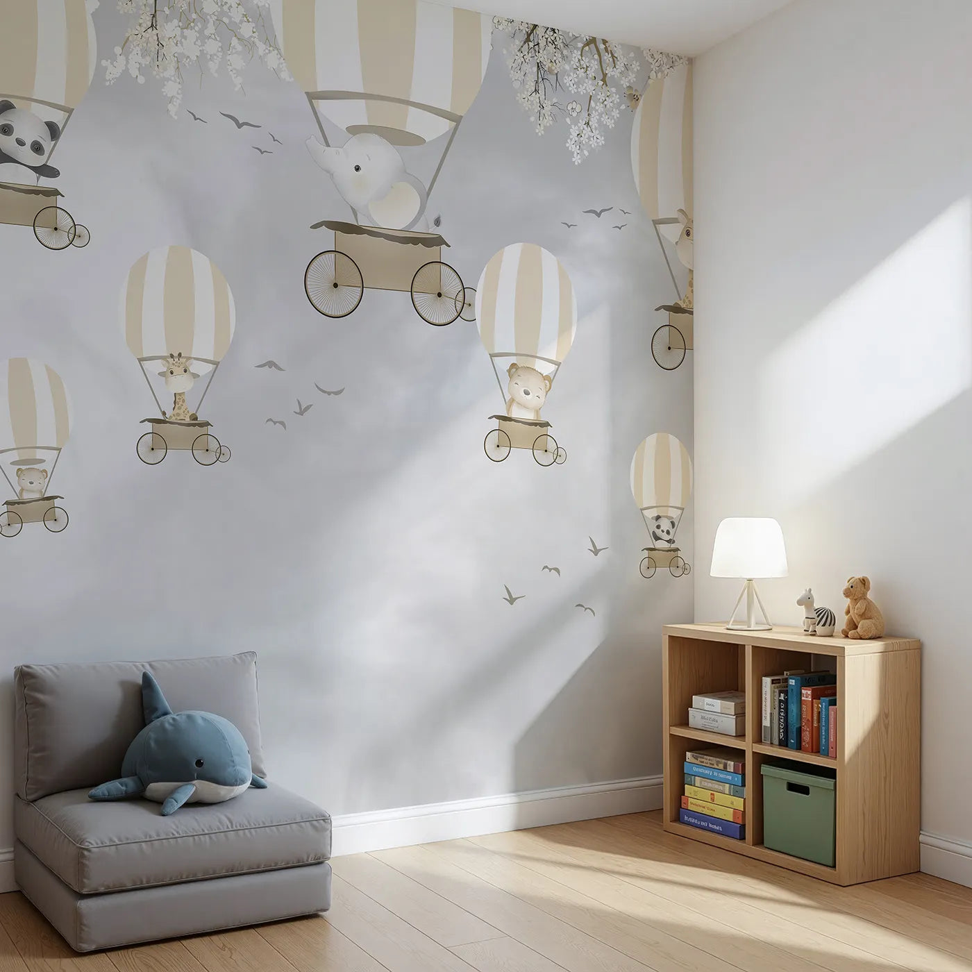 Angled view of Whimsy Tots' Monochrome Balloon Festival Wall Mural (Turn Their Room into a Chic and Gentle Air Show).Gender-Neutral