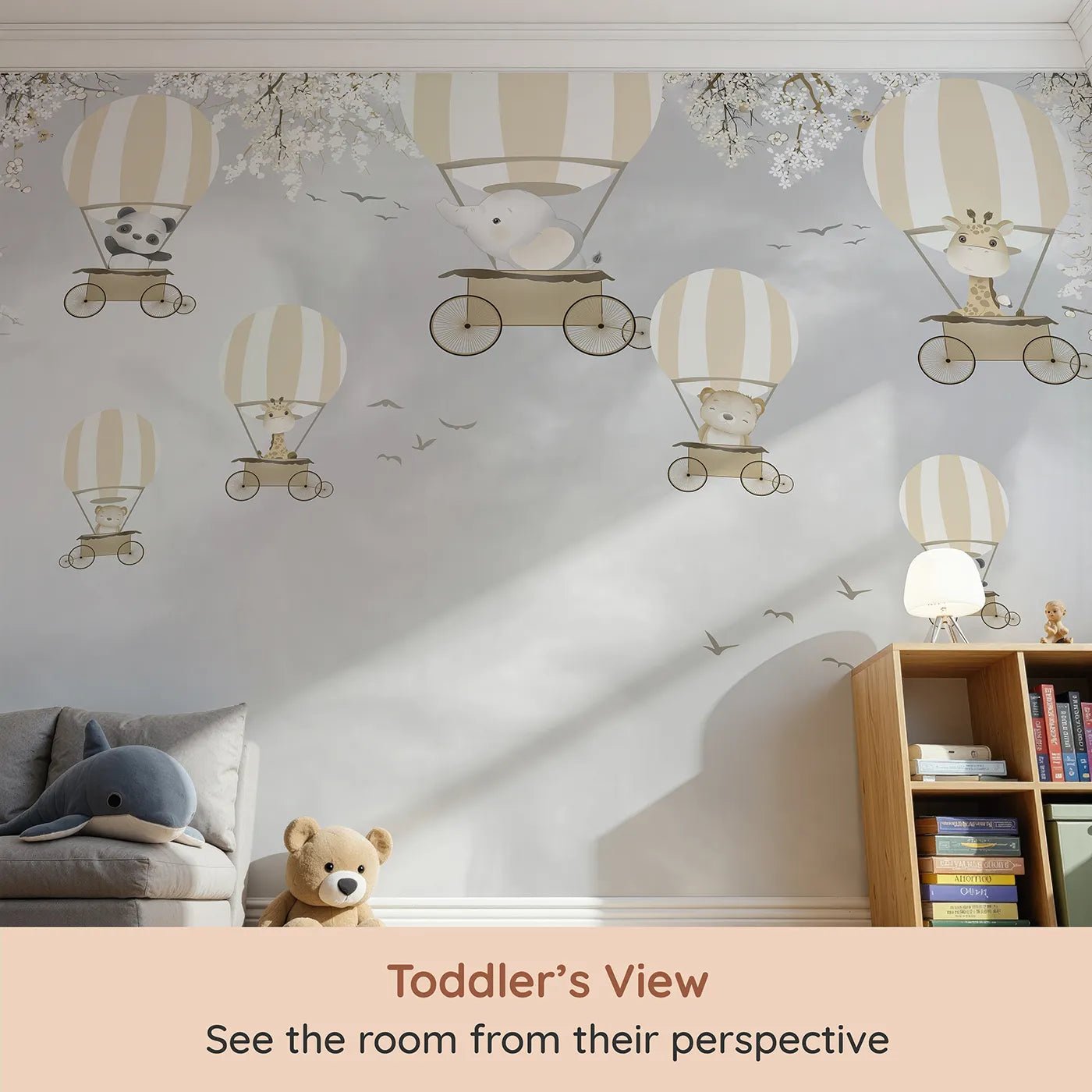 Whimsy Tots Monochrome Balloon Festival Wall Mural (Turn Their Room into a Chic and Gentle Air Show) from your child's view.Gender-Neutral