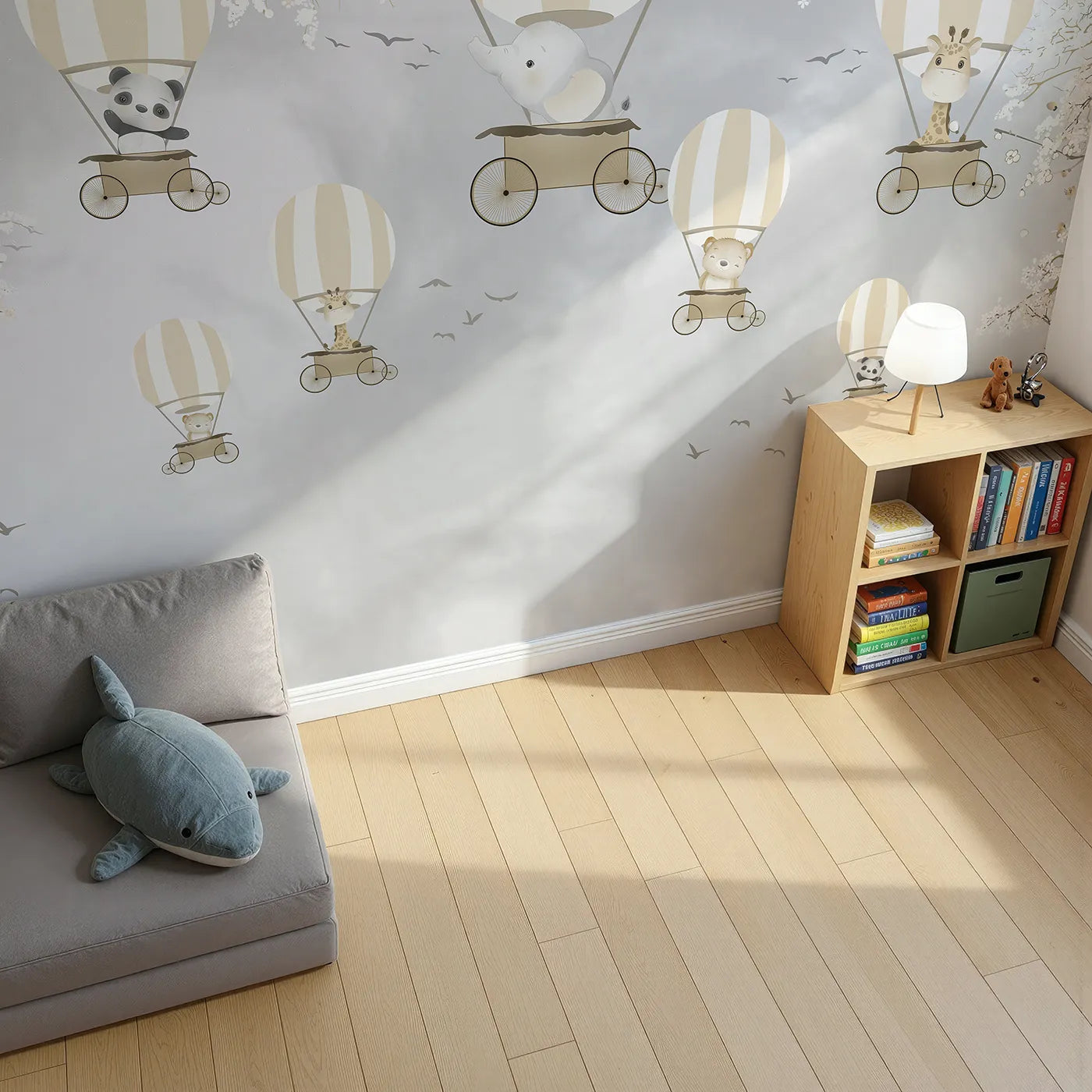 Top-down view of Whimsy Tots' Monochrome Balloon Festival Wall Mural (Turn Their Room into a Chic and Gentle Air Show).Gender-Neutral