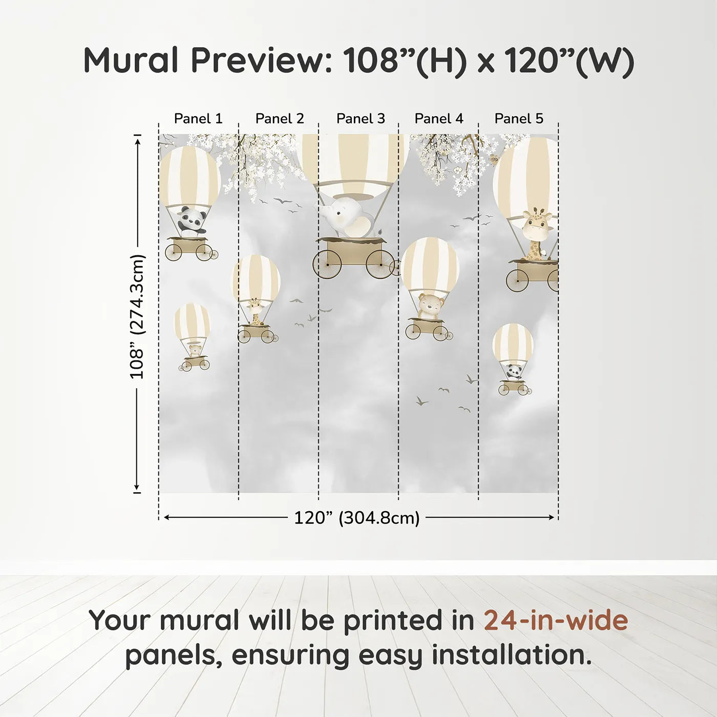 Whimsy Tots Monochrome Balloon Festival Wall Muraldimension view (108" H x 120" W). Printed in five 24-inch-wide panels. Gender-Neutral