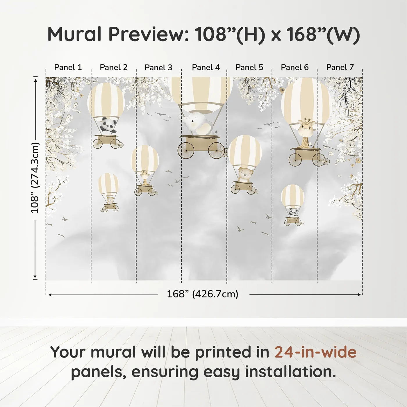 Whimsy Tots Monochrome Balloon Festival Wall Muraldimension view (108" H x 168" W). Printed in seven 24-inch-wide panels. Gender-Neutral