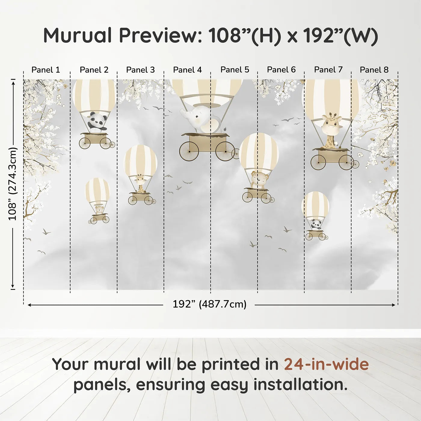 Whimsy Tots Monochrome Balloon Festival Wall Muraldimension view (108" H x 192" W). Printed in eight 24-inch-wide panels. Gender-Neutral