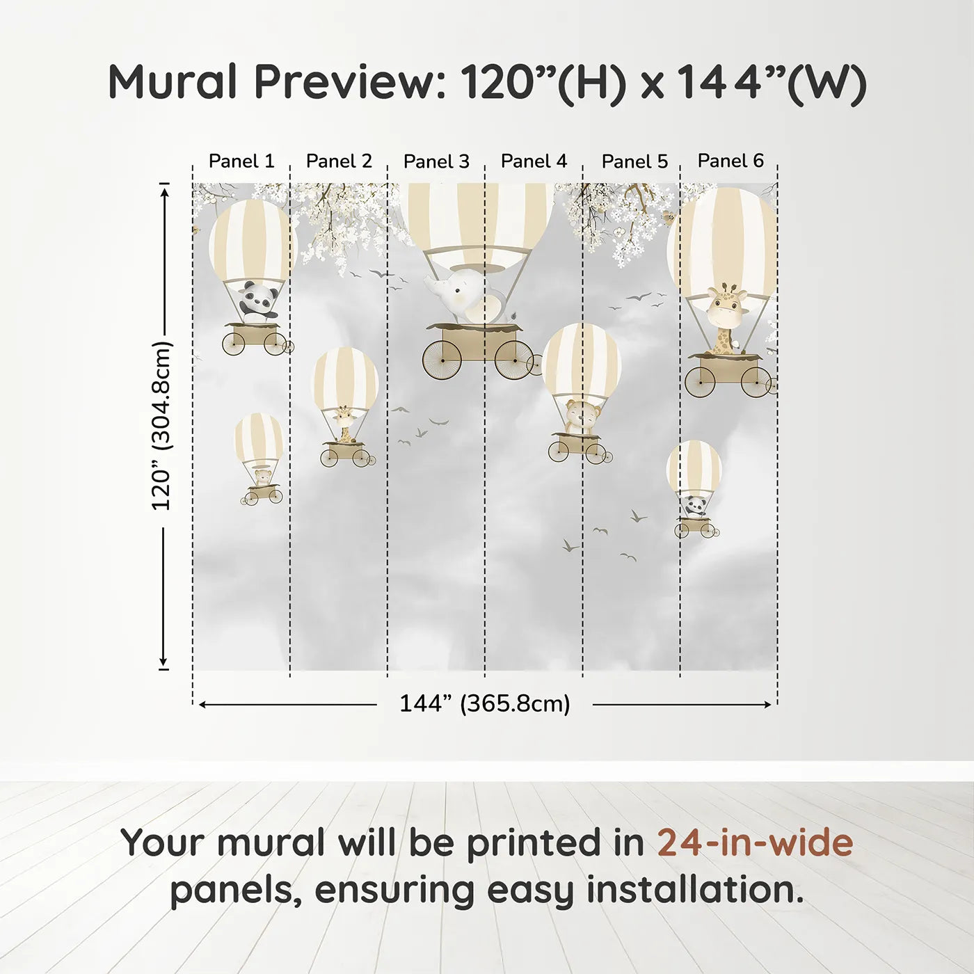 Whimsy Tots Monochrome Balloon Festival Wall Muraldimension view (120" H x 144" W). Printed in six 24-inch-wide panels. Gender-Neutral