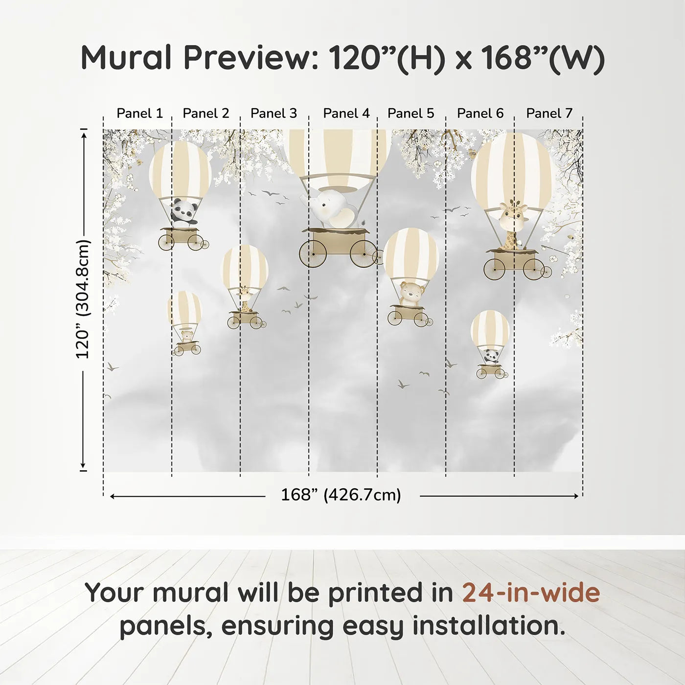 Whimsy Tots Monochrome Balloon Festival Wall Muraldimension view (120" H x 168" W). Printed in seven 24-inch-wide panels. Gender-Neutral