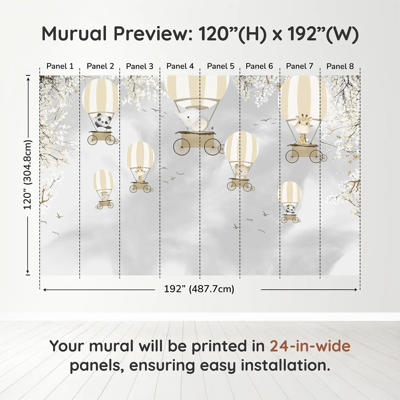 Whimsy Tots Monochrome Balloon Festival Wall Muraldimension view (120" H x 192" W). Printed in eight 24-inch-wide panels. Gender-Neutral