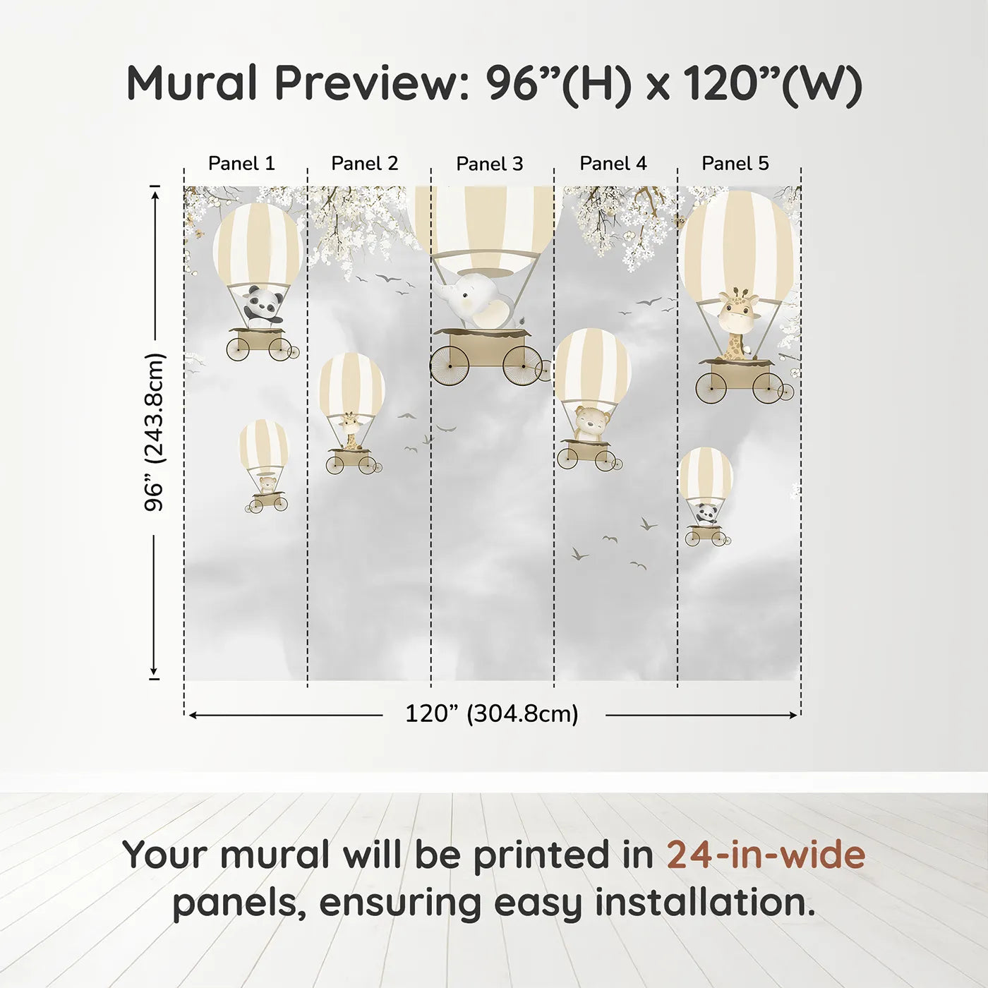 Whimsy Tots Monochrome Balloon Festival Wall Muraldimension view (96" H x 120" W). Printed in five 24-inch-wide panels. Gender-Neutral