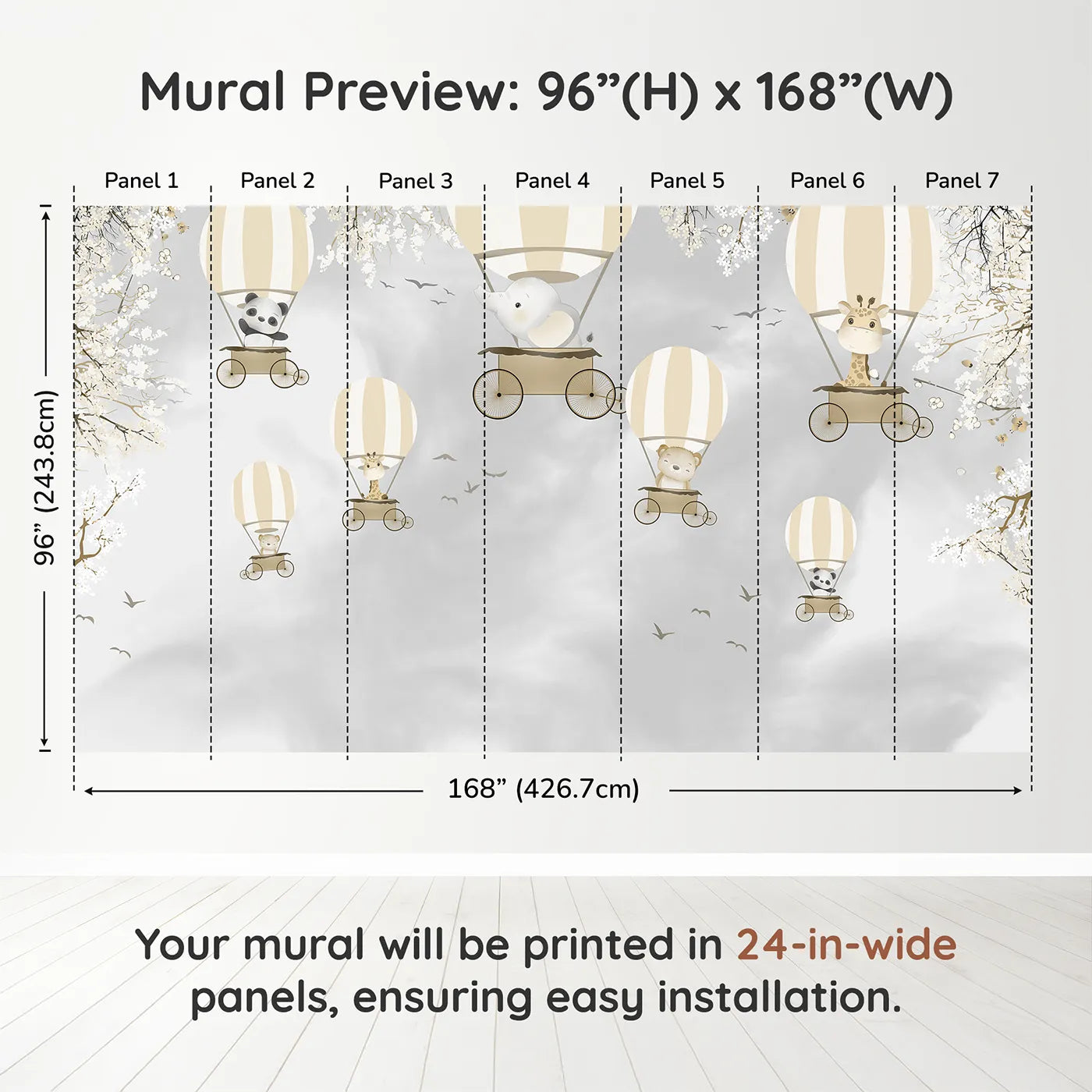Whimsy Tots Monochrome Balloon Festival Wall Muraldimension view (96" H x 168" W). Printed in seven 24-inch-wide panels. Gender-Neutral