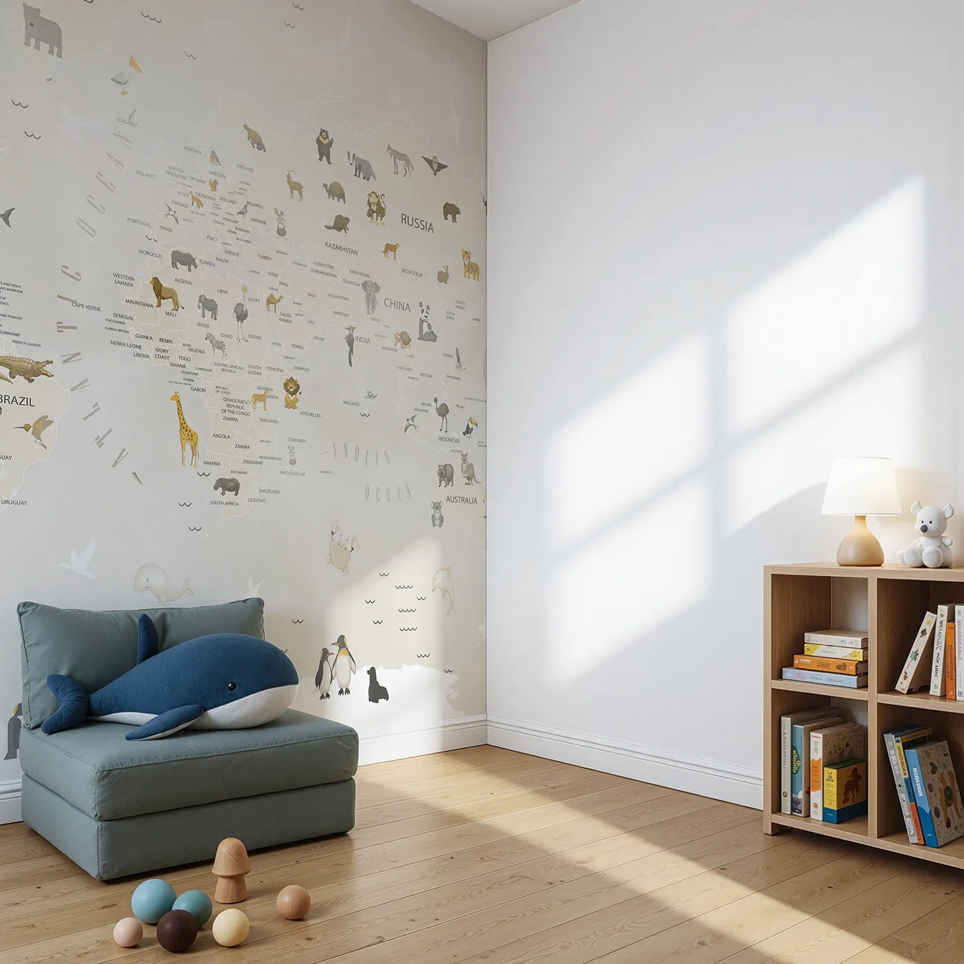 Angled view of Whimsy Tots' Neutral Animal World Map Wall Mural (Turn Their Room into a Stylish Global Safari).Gender-Neutral