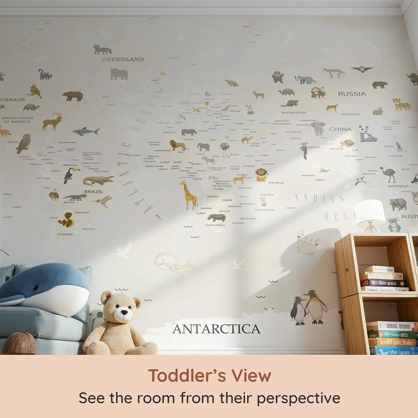 Whimsy Tots Neutral Animal World Map Wall Mural (Turn Their Room into a Stylish Global Safari) from your child's view.Gender-Neutral