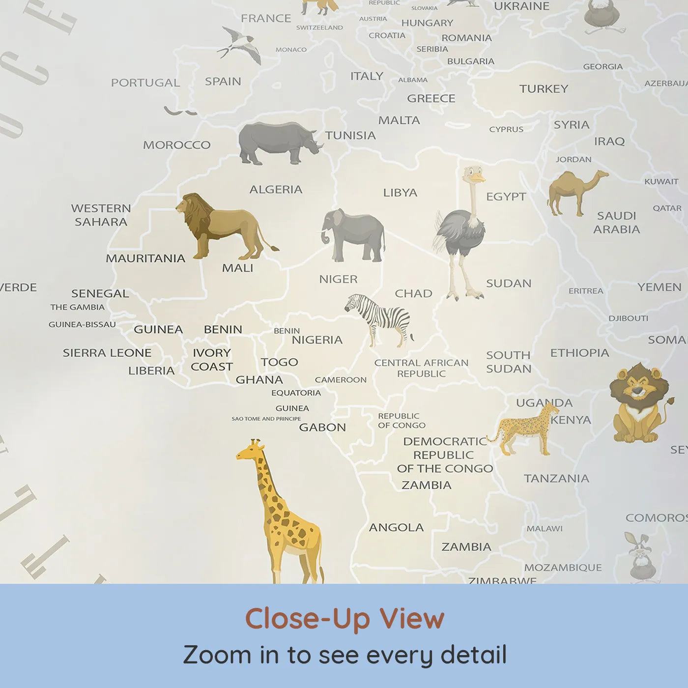 Close-up view of Whimsy Tots' Neutral Animal World Map Wall Mural (Turn Their Room into a Stylish Global Safari).Gender-Neutral