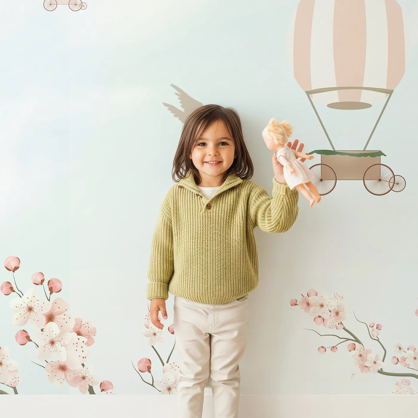 Child in front of Whimsy Tots Pink Blossom Sky Ride Wall Mural with balloon, hot air balloon, pink, blossom, sky, cherry blossom, romantic, cute in design.