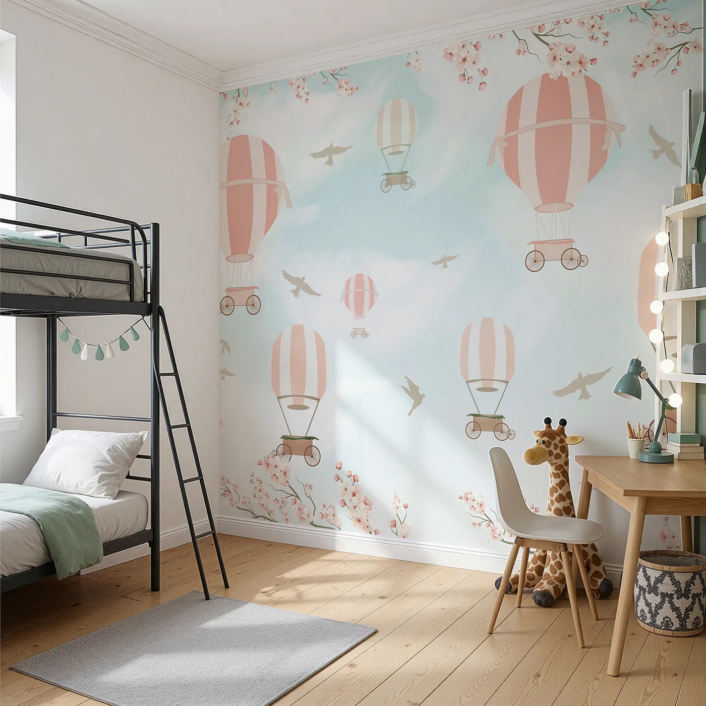 Angled view of Whimsy Tots' Pink Blossom Sky Ride Wall Mural (Turn Their Room into a Romantic, High-Flying Dream).Best for Girls