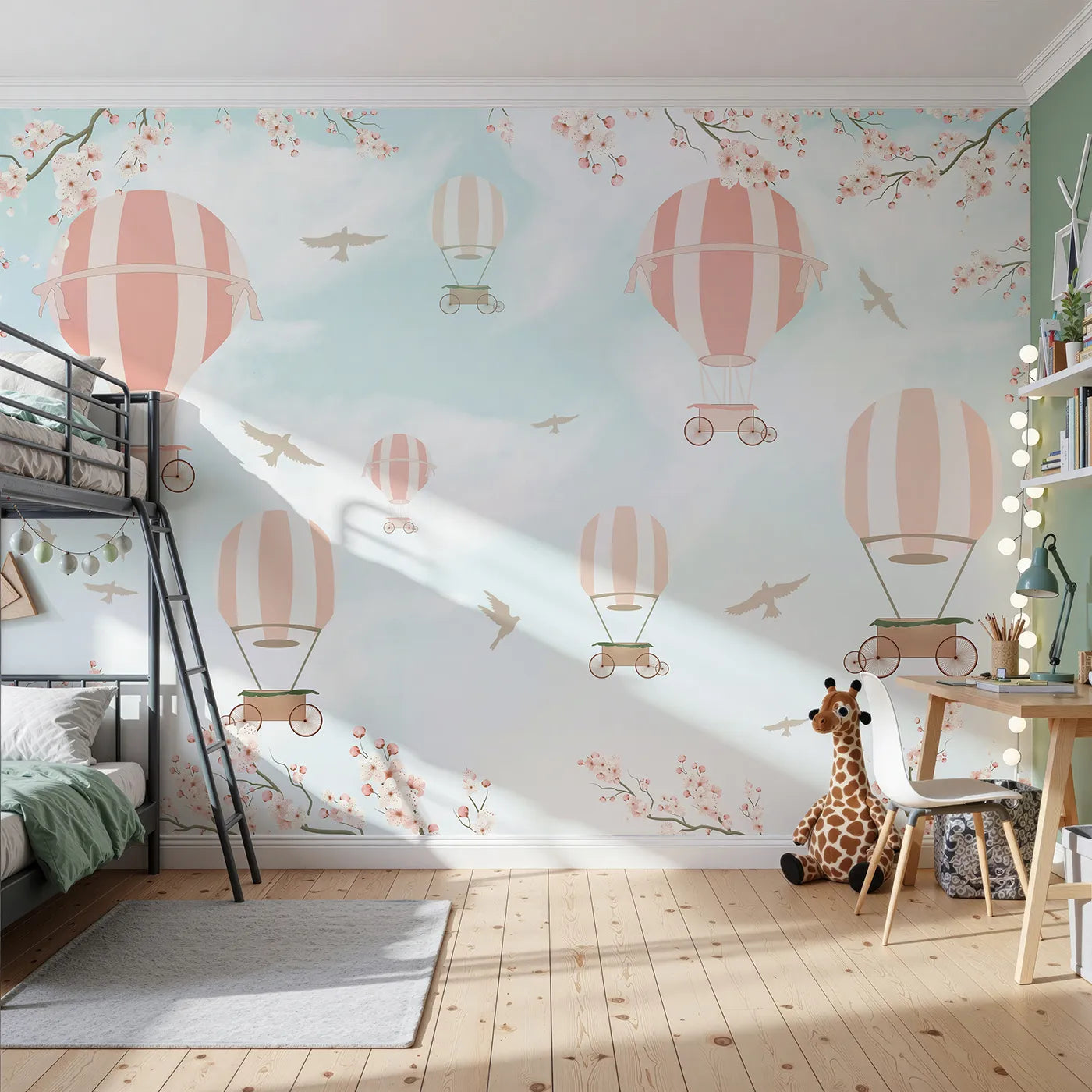 Front view of Whimsy Tots' Pink Blossom Sky Ride Wall Mural