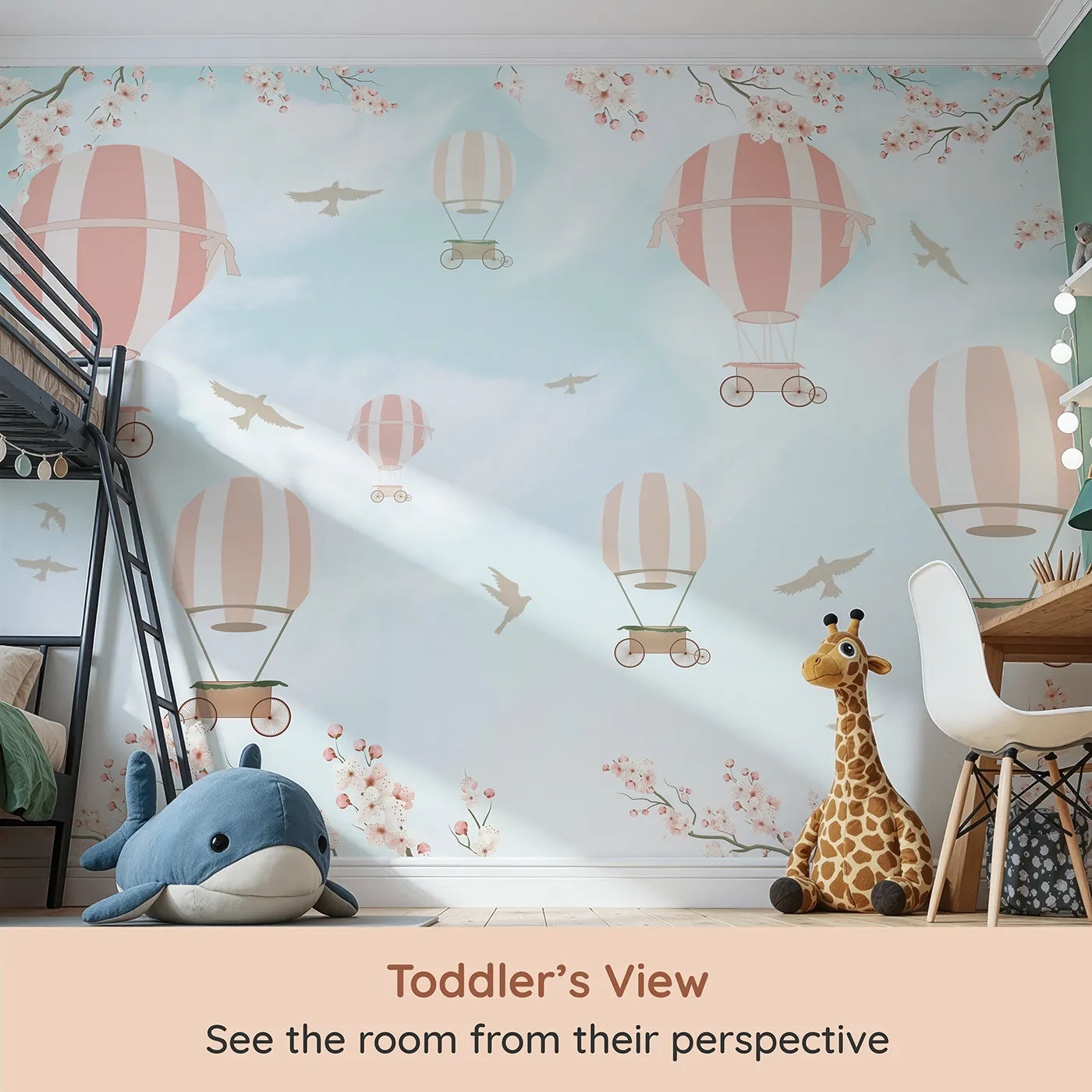 Whimsy Tots Pink Blossom Sky Ride Wall Mural (Turn Their Room into a Romantic, High-Flying Dream) from your child's view.Best for Girls