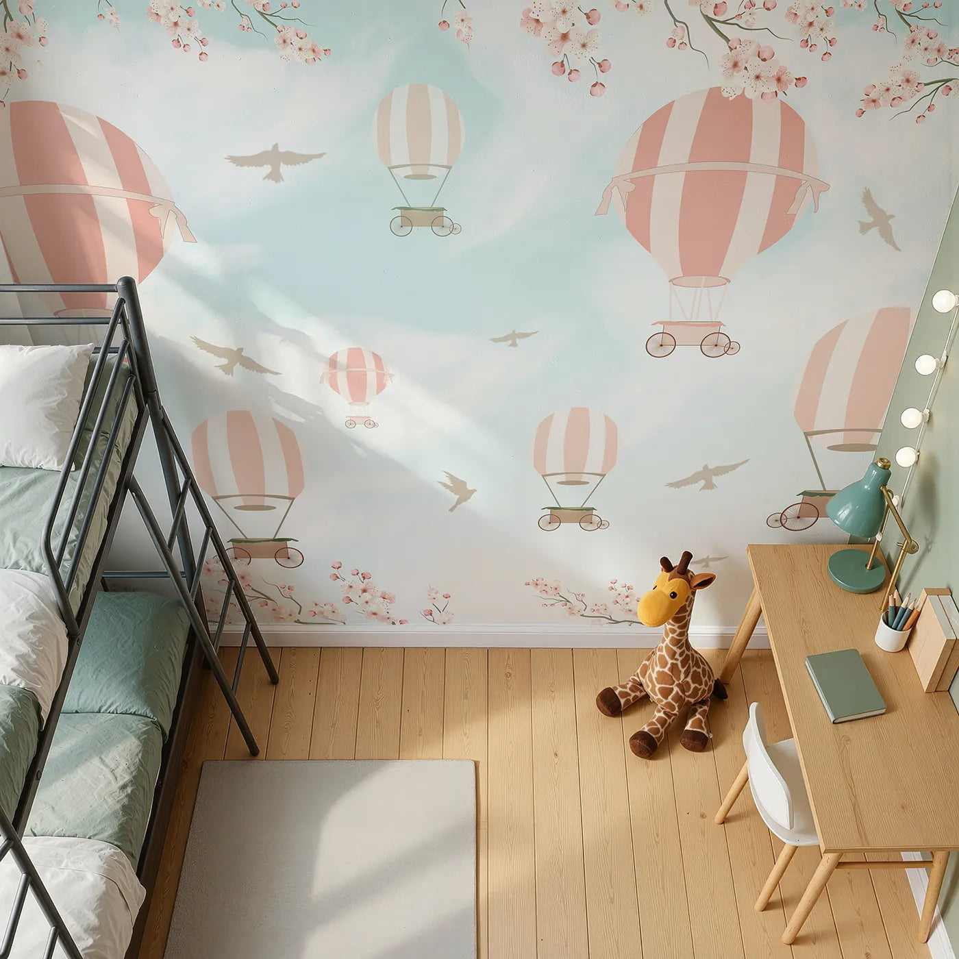 Top-down view of Whimsy Tots' Pink Blossom Sky Ride Wall Mural (Turn Their Room into a Romantic, High-Flying Dream).Best for Girls