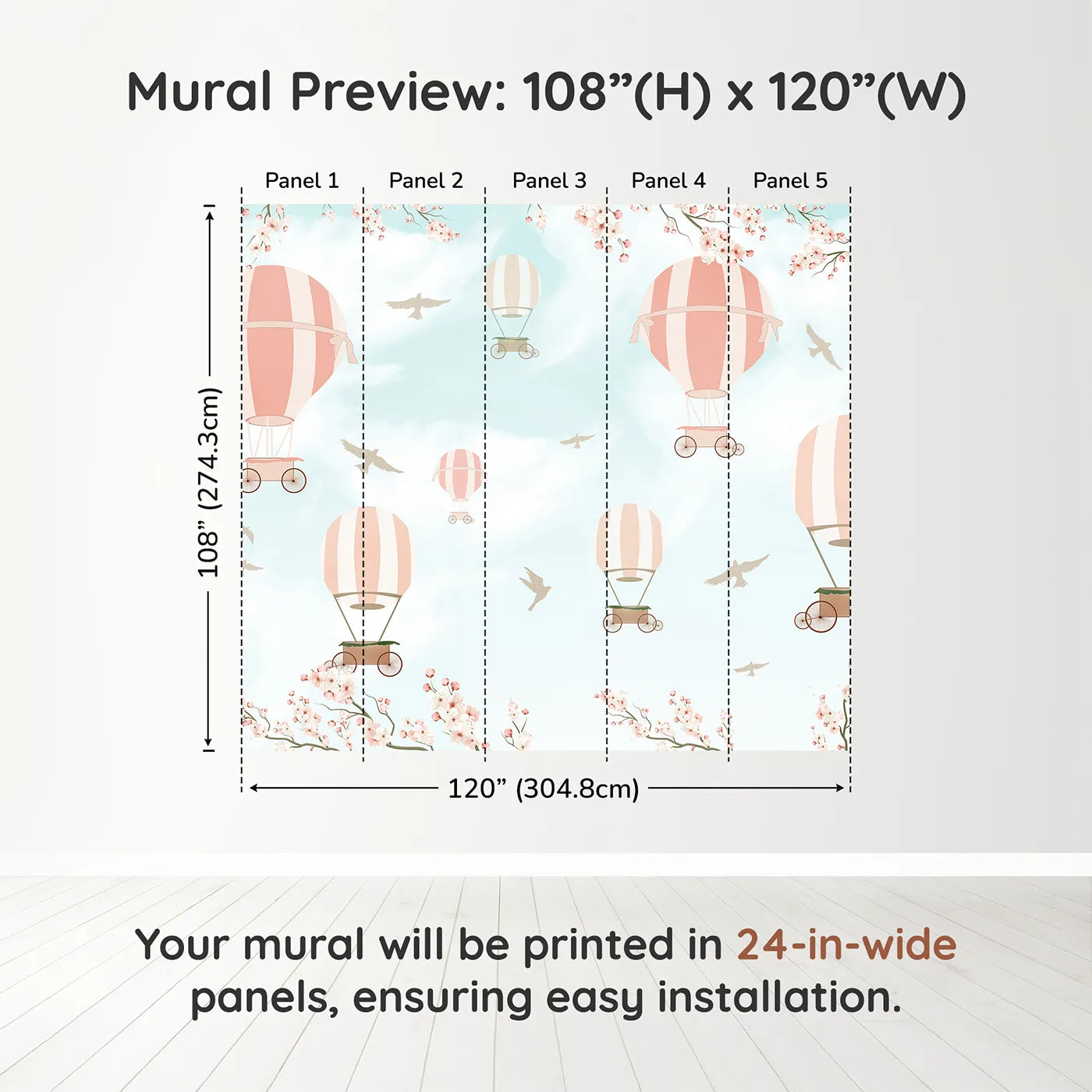 Whimsy Tots Pink Blossom Sky Ride Wall Muraldimension view (108" H x 120" W). Printed in five 24-inch-wide panels. Best for Girls