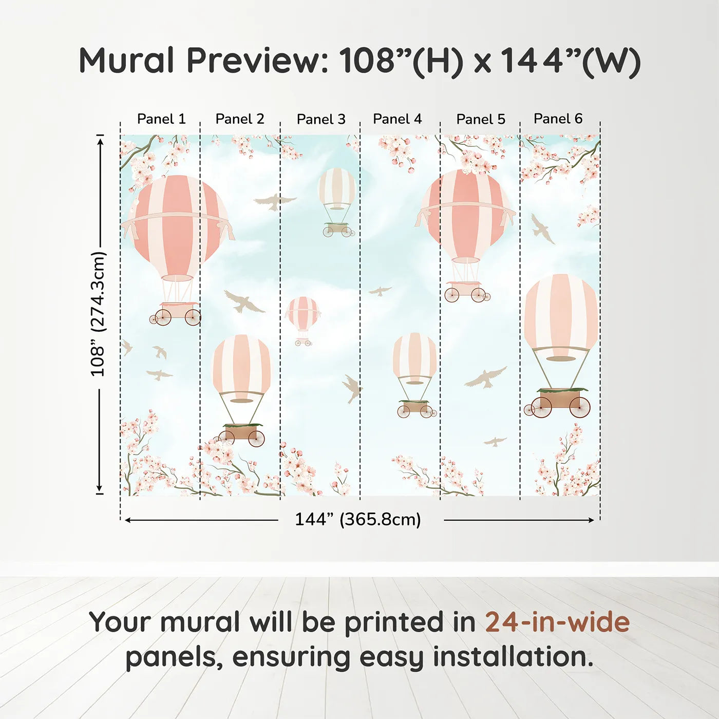 Whimsy Tots Pink Blossom Sky Ride Wall Muraldimension view (108" H x 144" W). Printed in six 24-inch-wide panels. Best for Girls