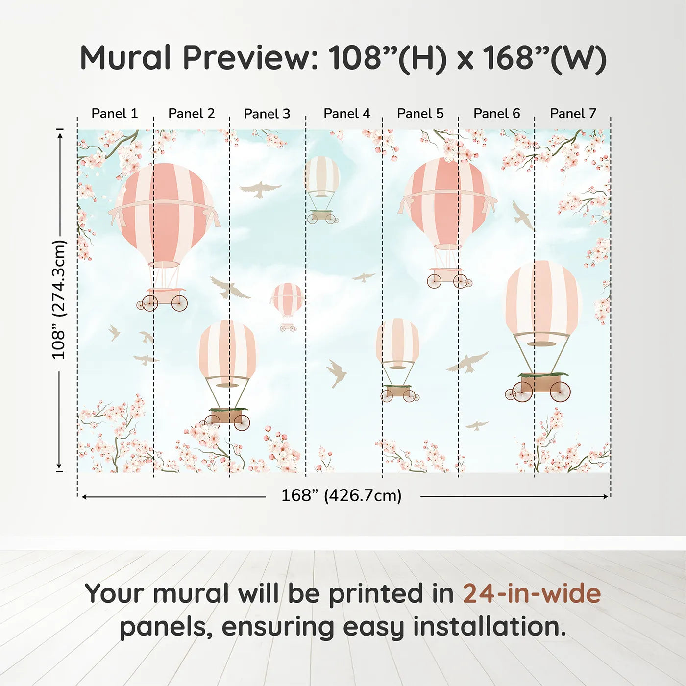 Whimsy Tots Pink Blossom Sky Ride Wall Muraldimension view (108" H x 168" W). Printed in seven 24-inch-wide panels. Best for Girls