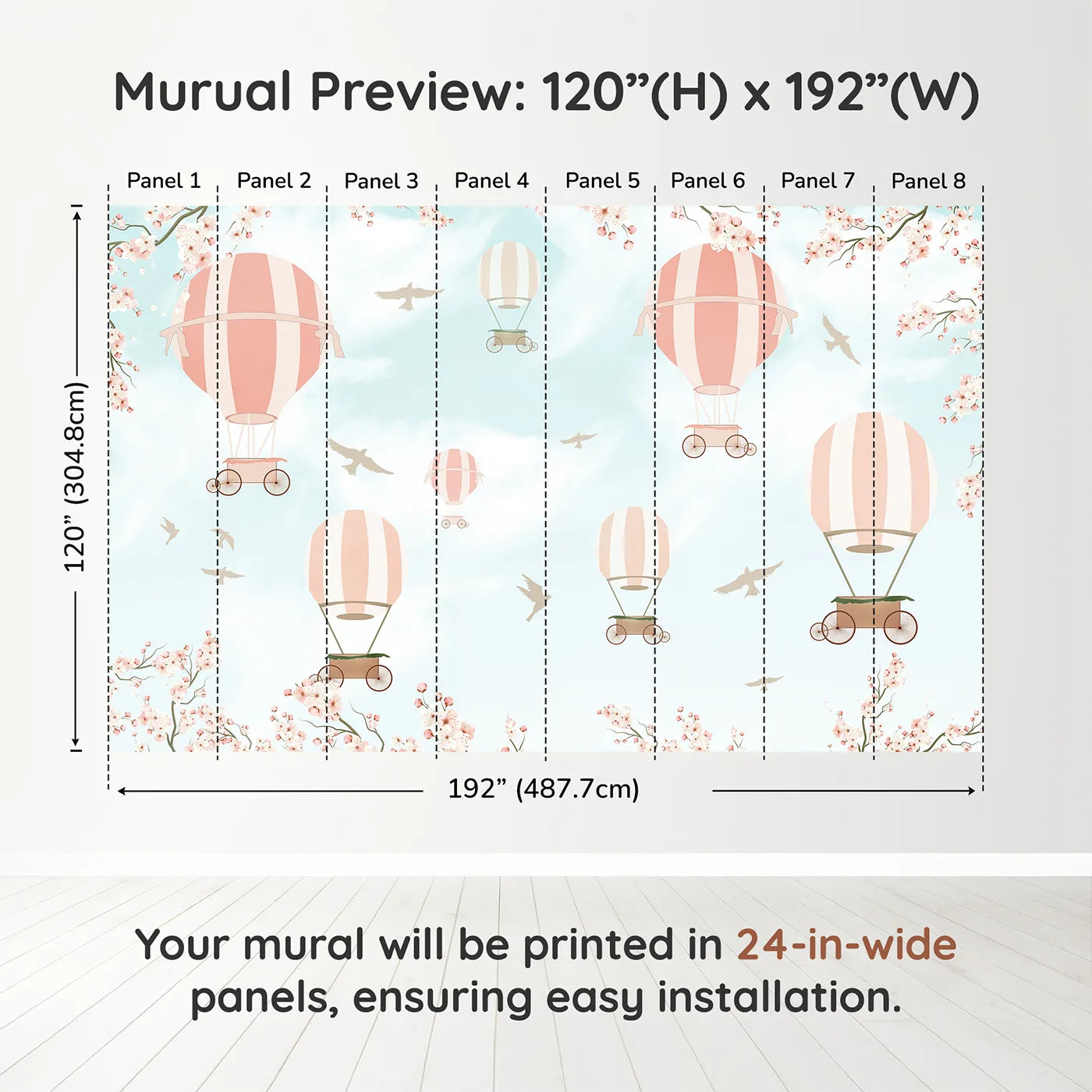Whimsy Tots Pink Blossom Sky Ride Wall Muraldimension view (120" H x 192" W). Printed in eight 24-inch-wide panels. Best for Girls