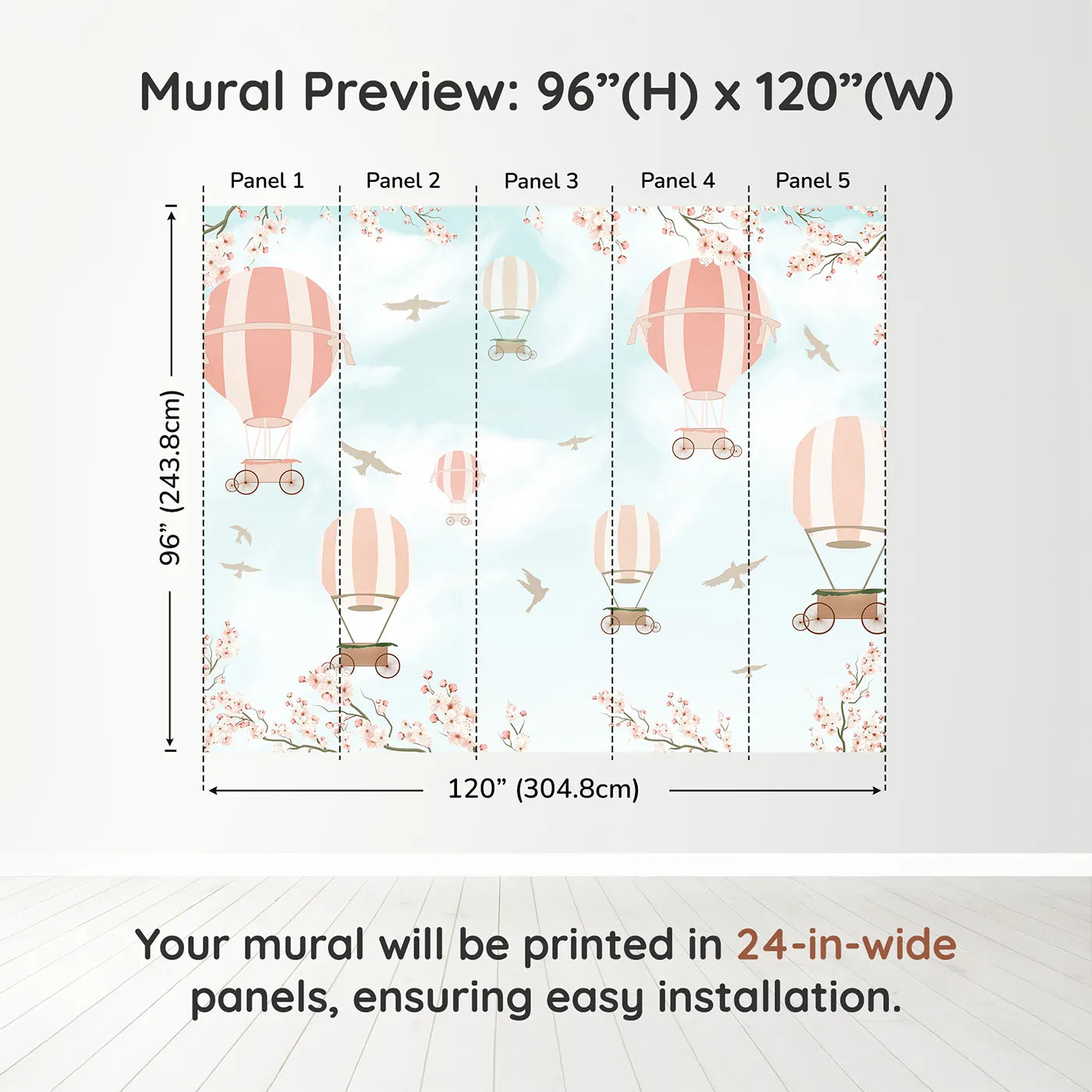 Whimsy Tots Pink Blossom Sky Ride Wall Muraldimension view (96" H x 120" W). Printed in five 24-inch-wide panels. Best for Girls