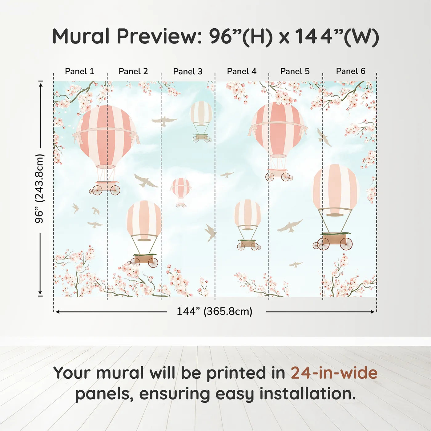 Whimsy Tots Pink Blossom Sky Ride Wall Muraldimension view (96" H x 144" W). Printed in six 24-inch-wide panels. Best for Girls