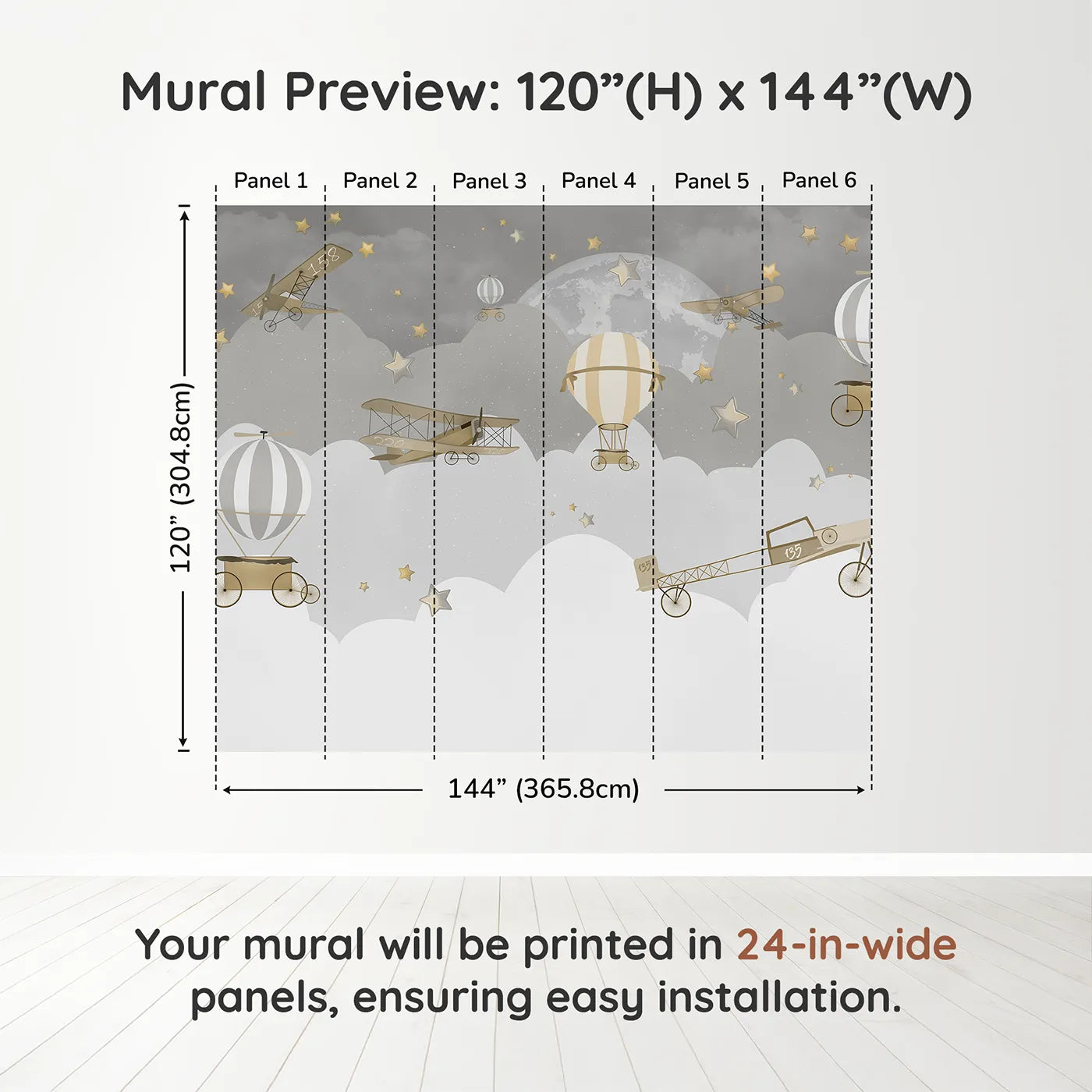 Whimsy Tots Gray Night Flight Wall Muraldimension view (120" H x 144" W). Printed in six 24-inch-wide panels. Gender-Neutral