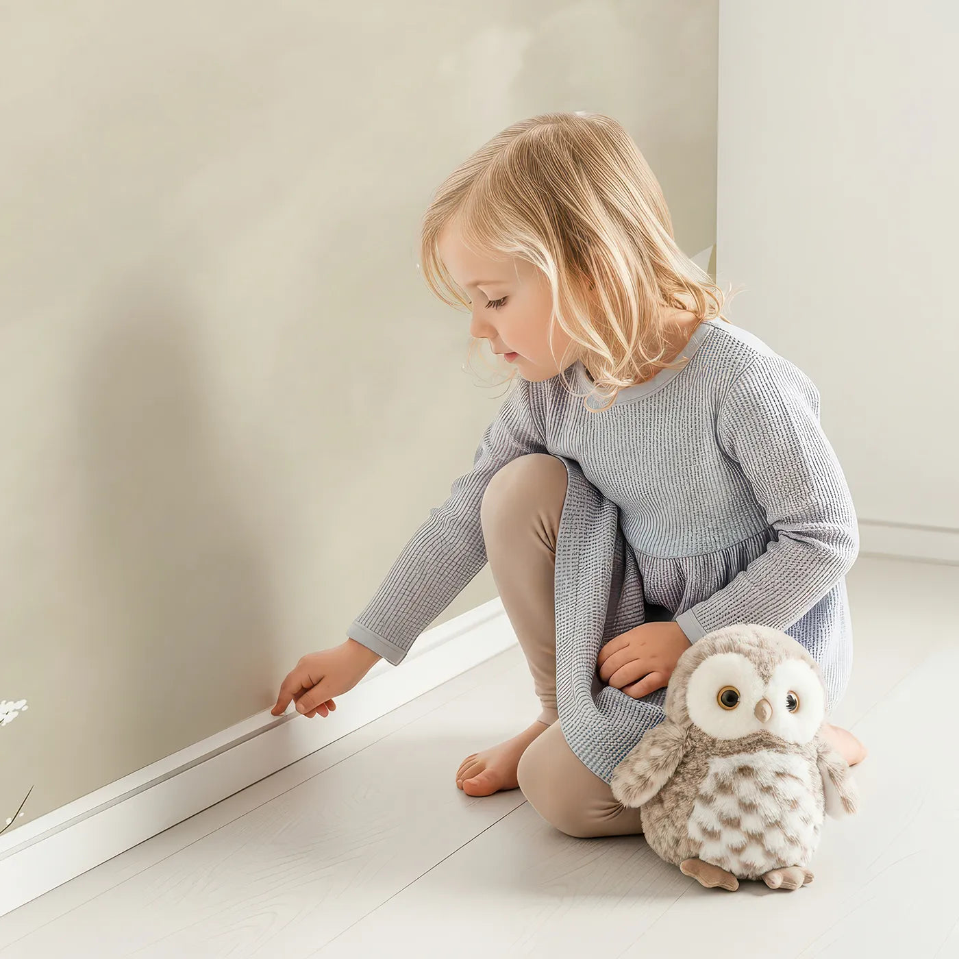 Child in front of Whimsy Tots Vintage Sky Blossoms Wall Mural with airplane, balloon, vintage, blossom, sky, beige, retro, flower in design.