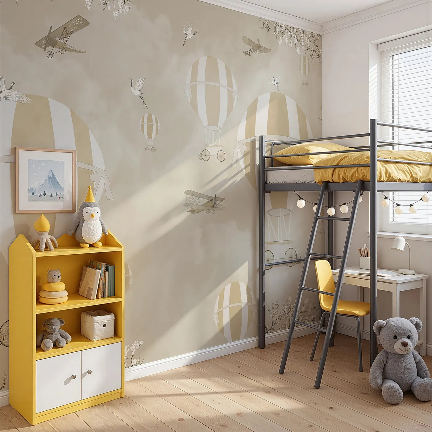 Angled view of Whimsy Tots' Vintage Sky Blossoms Wall Mural (Turn Their Room into a Gentle, High-Flying Dream).Gender-Neutral