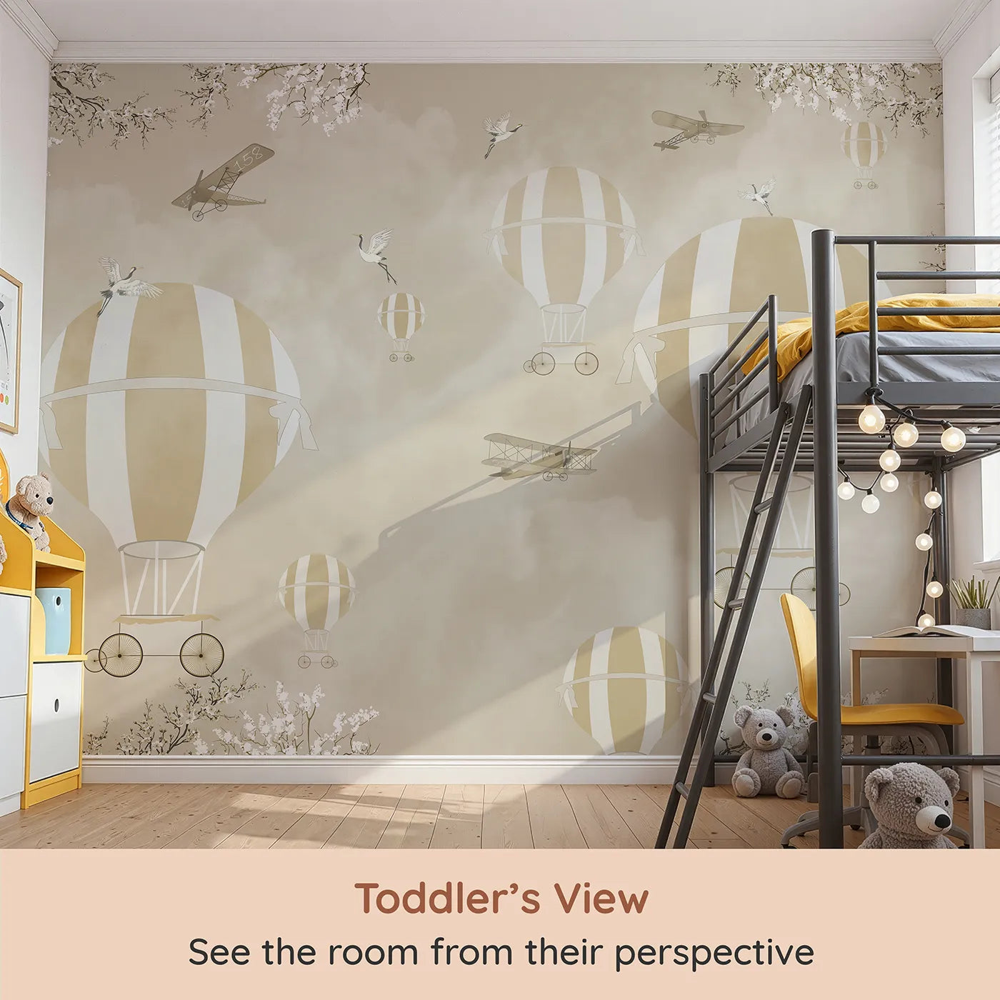 Whimsy Tots Vintage Sky Blossoms Wall Mural (Turn Their Room into a Gentle, High-Flying Dream) from your child's view.Gender-Neutral