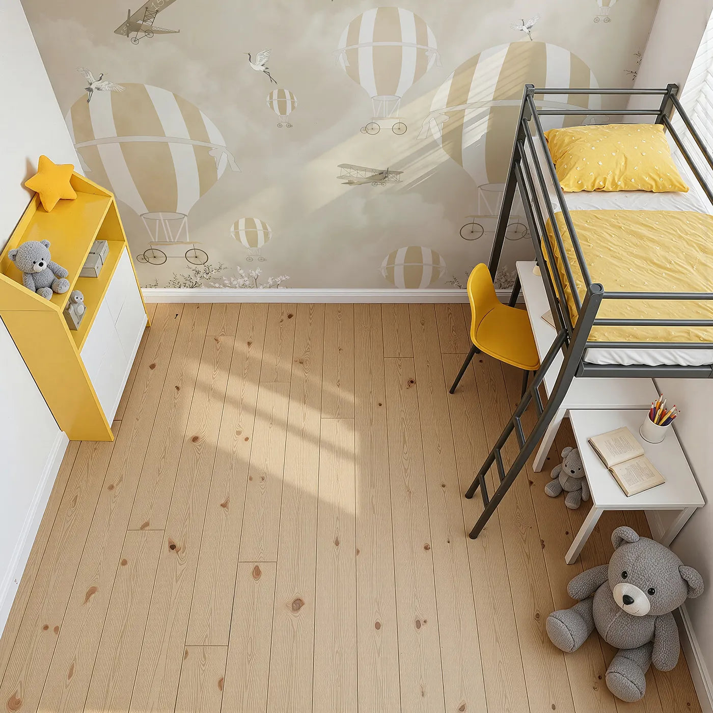 Top-down view of Whimsy Tots' Vintage Sky Blossoms Wall Mural (Turn Their Room into a Gentle, High-Flying Dream).Gender-Neutral