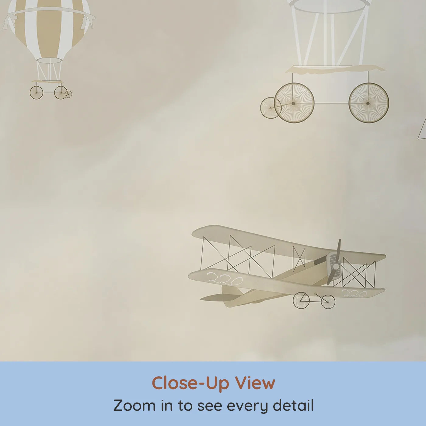 Close-up view of Whimsy Tots' Vintage Sky Blossoms Wall Mural (Turn Their Room into a Gentle, High-Flying Dream).Gender-Neutral