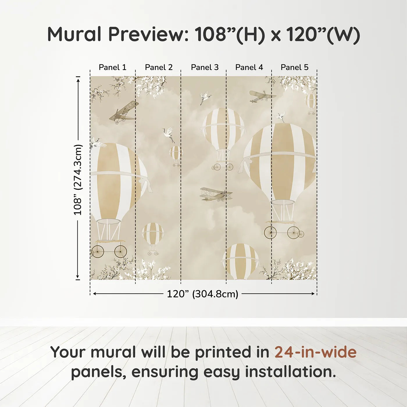 Whimsy Tots Vintage Sky Blossoms Wall Muraldimension view (108" H x 120" W). Printed in five 24-inch-wide panels. Gender-Neutral