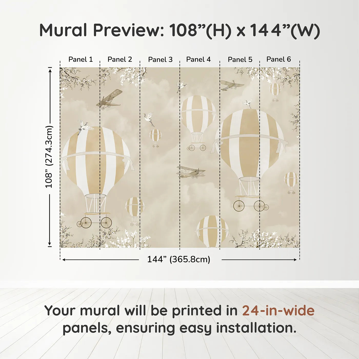 Whimsy Tots Vintage Sky Blossoms Wall Muraldimension view (108" H x 144" W). Printed in six 24-inch-wide panels. Gender-Neutral