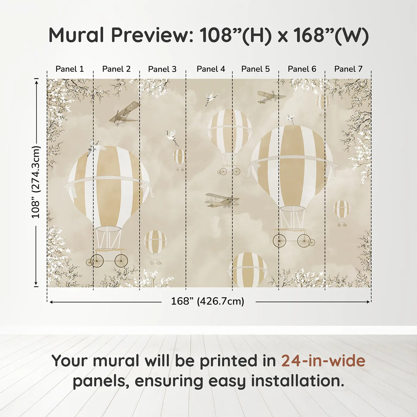 Whimsy Tots Vintage Sky Blossoms Wall Muraldimension view (108" H x 168" W). Printed in seven 24-inch-wide panels. Gender-Neutral